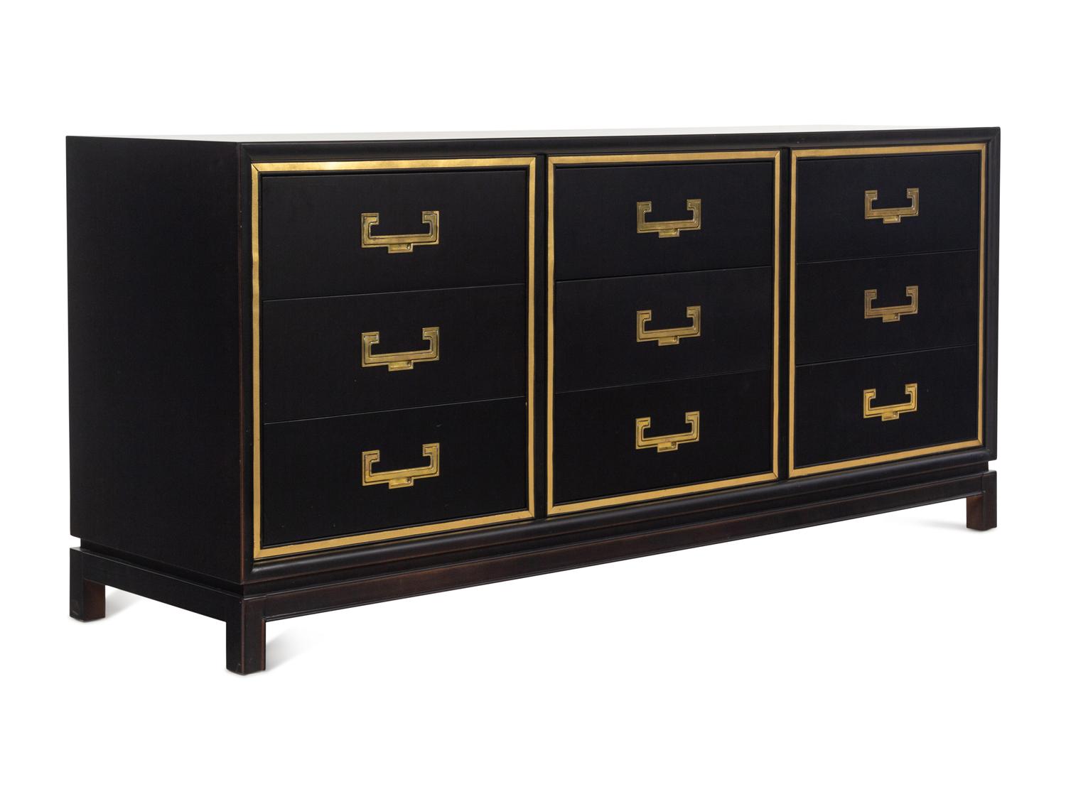 A Contemporary "Hollywood Regency" Style Brass Mounted Ebonized Chest of Drawers