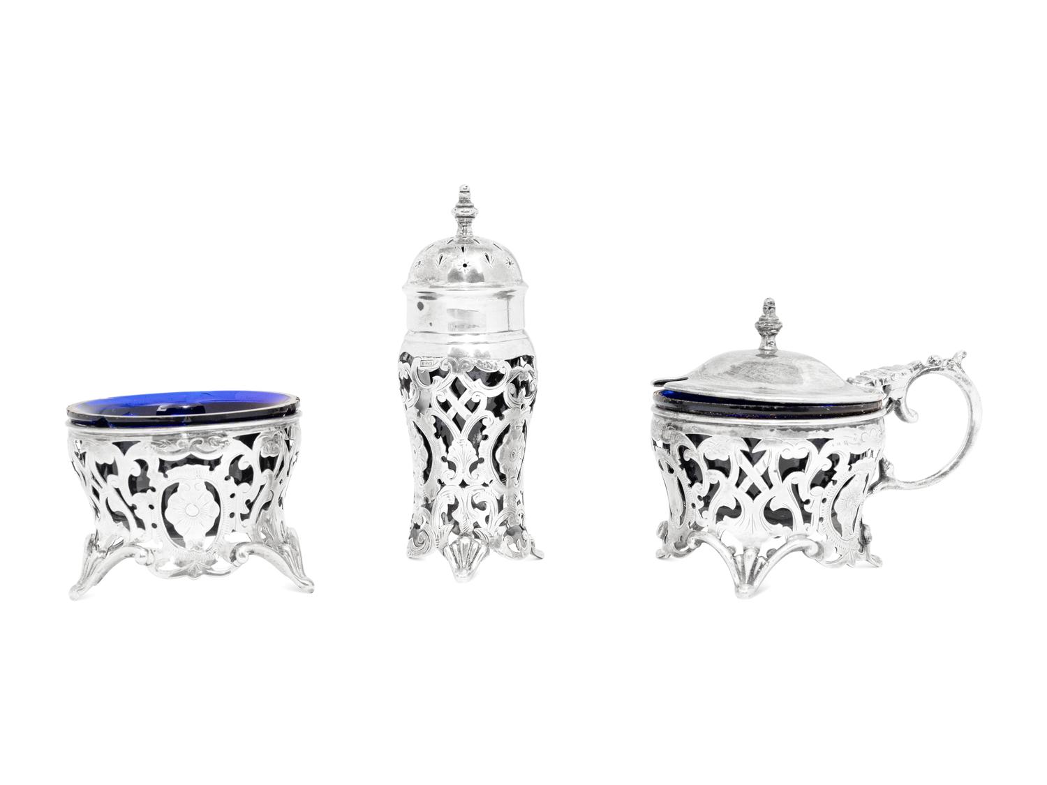 A Collection of Nine Canadian Silver and Cobalt Glass Table Articles
