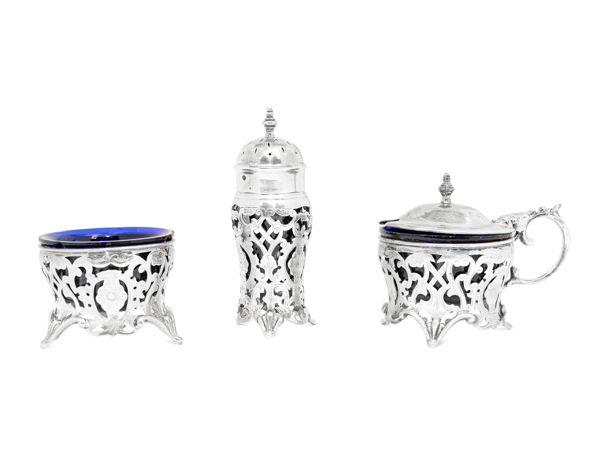 A Collection of Nine Canadian Silver and Cobalt Glass Table Articles