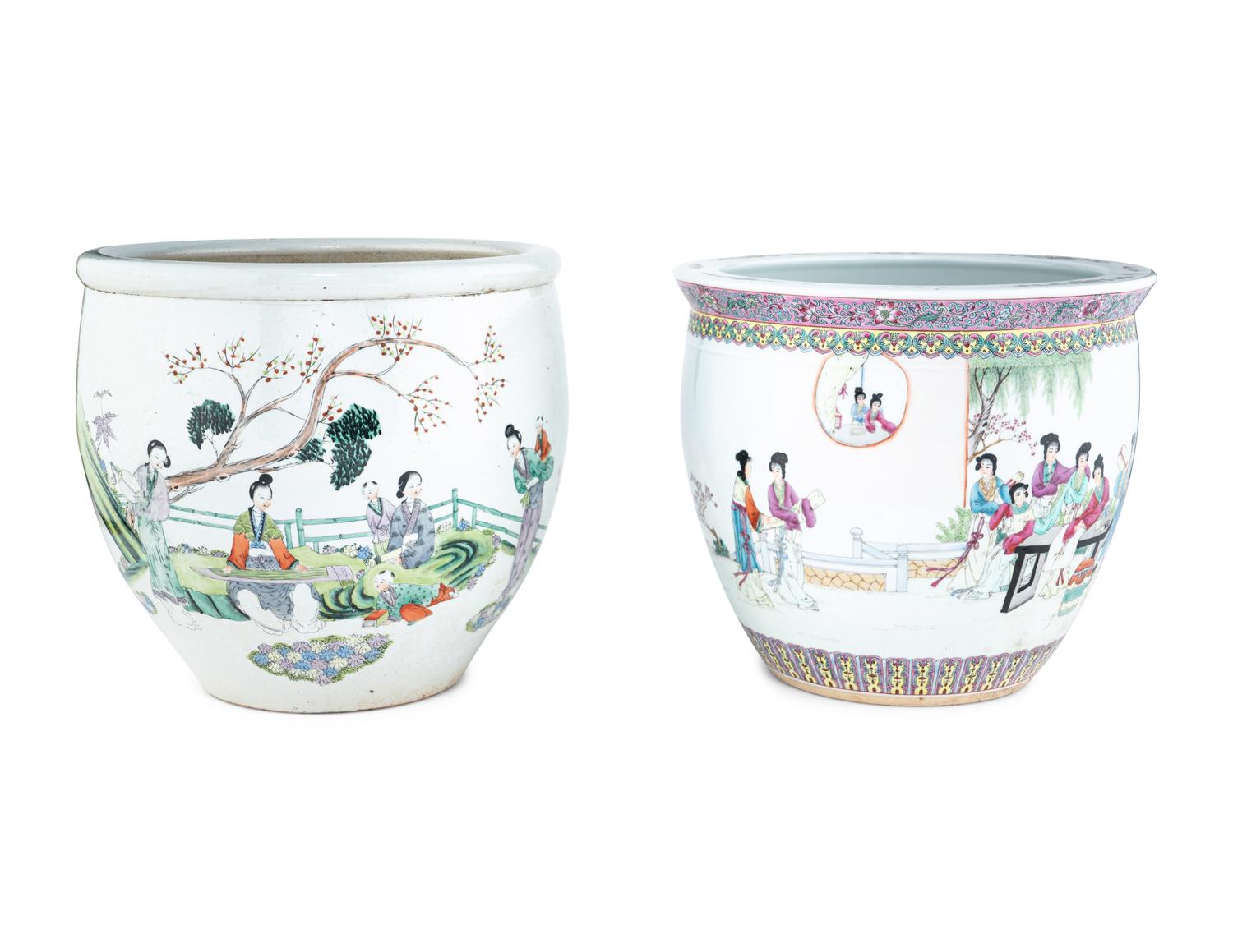 Two Chinese Famille Rose Porcelain Scroll Pots
