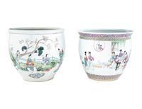 Two Chinese Famille Rose Porcelain Scroll Pots