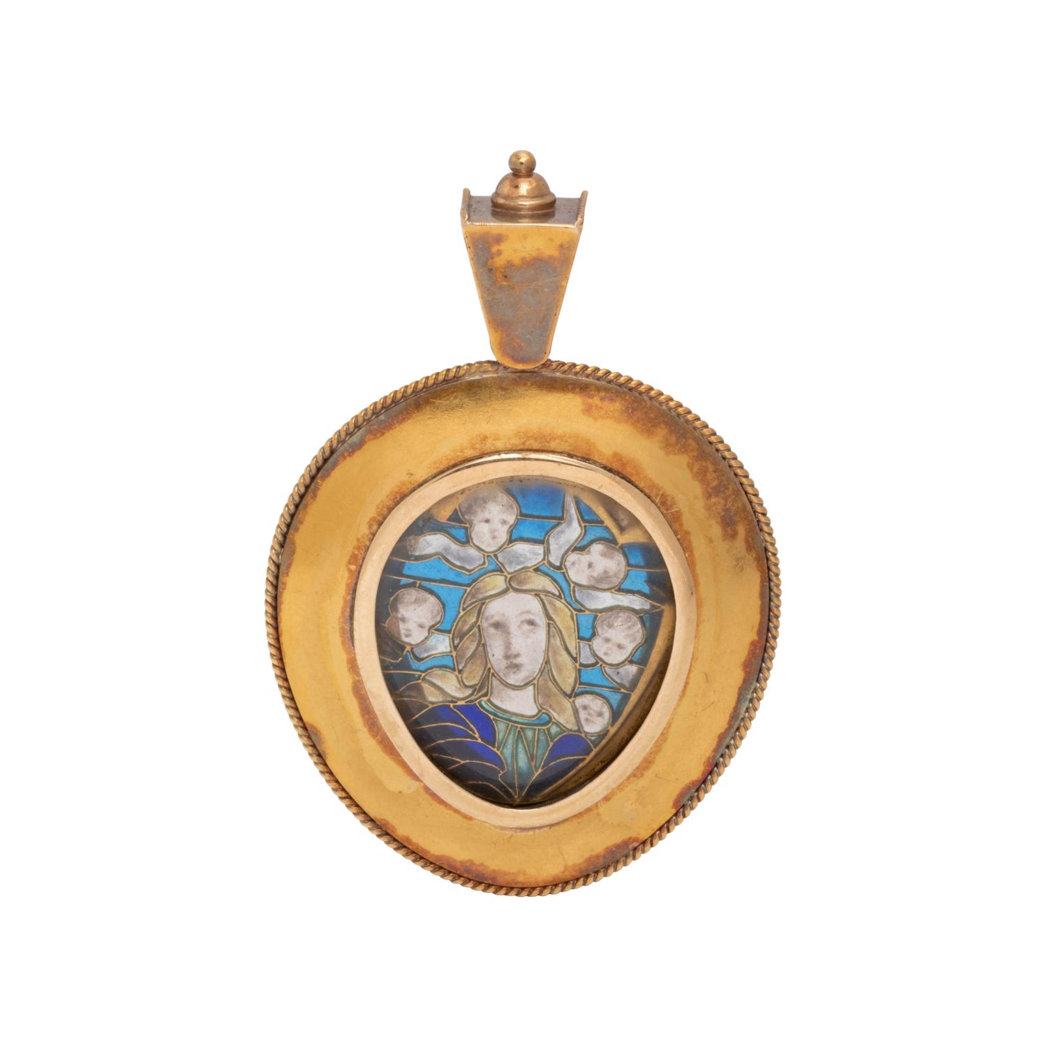 VICTORIAN, YELLOW GOLD, PEARL AND PLIQUE-À-JOUR PENDANT