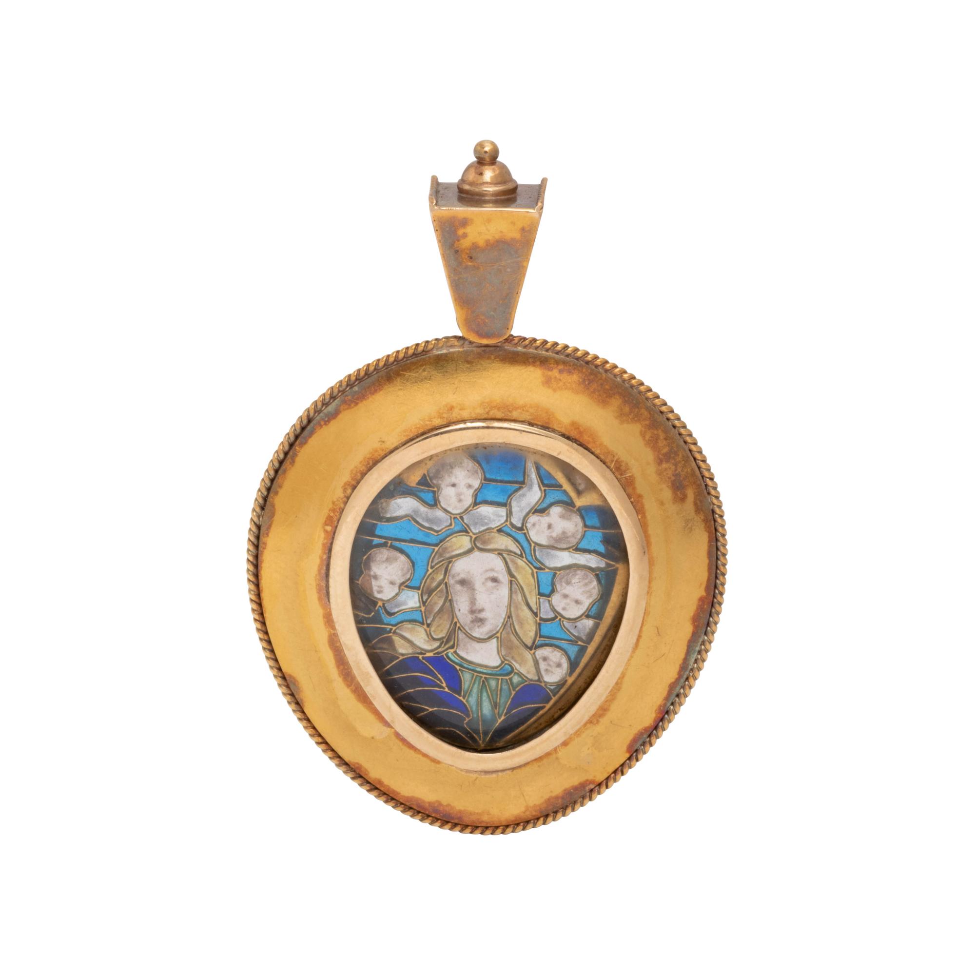 VICTORIAN, YELLOW GOLD, PEARL AND PLIQUE-À-JOUR PENDANT