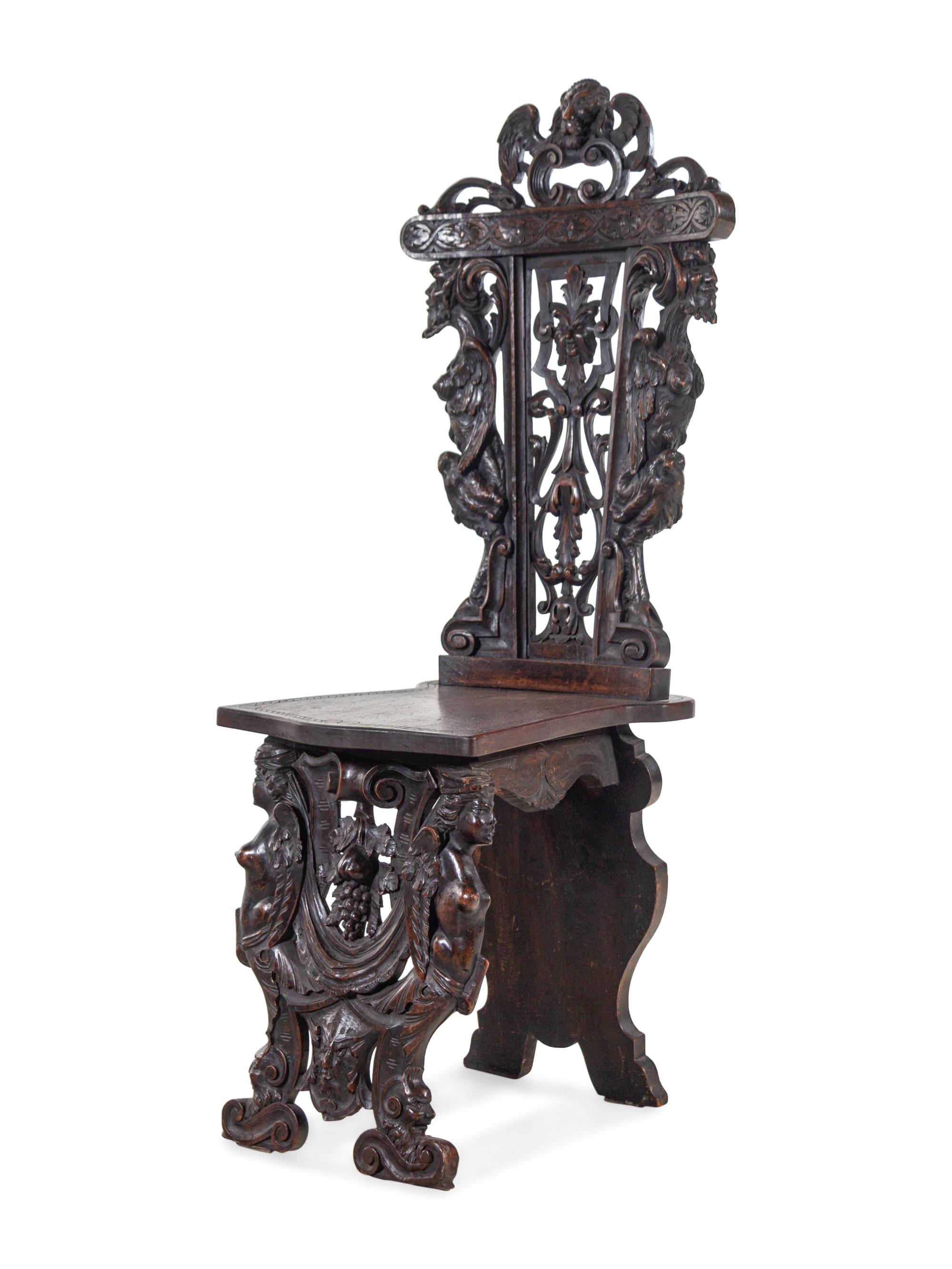 An English Renaissance Revival Carved Mahogany Hall Chair