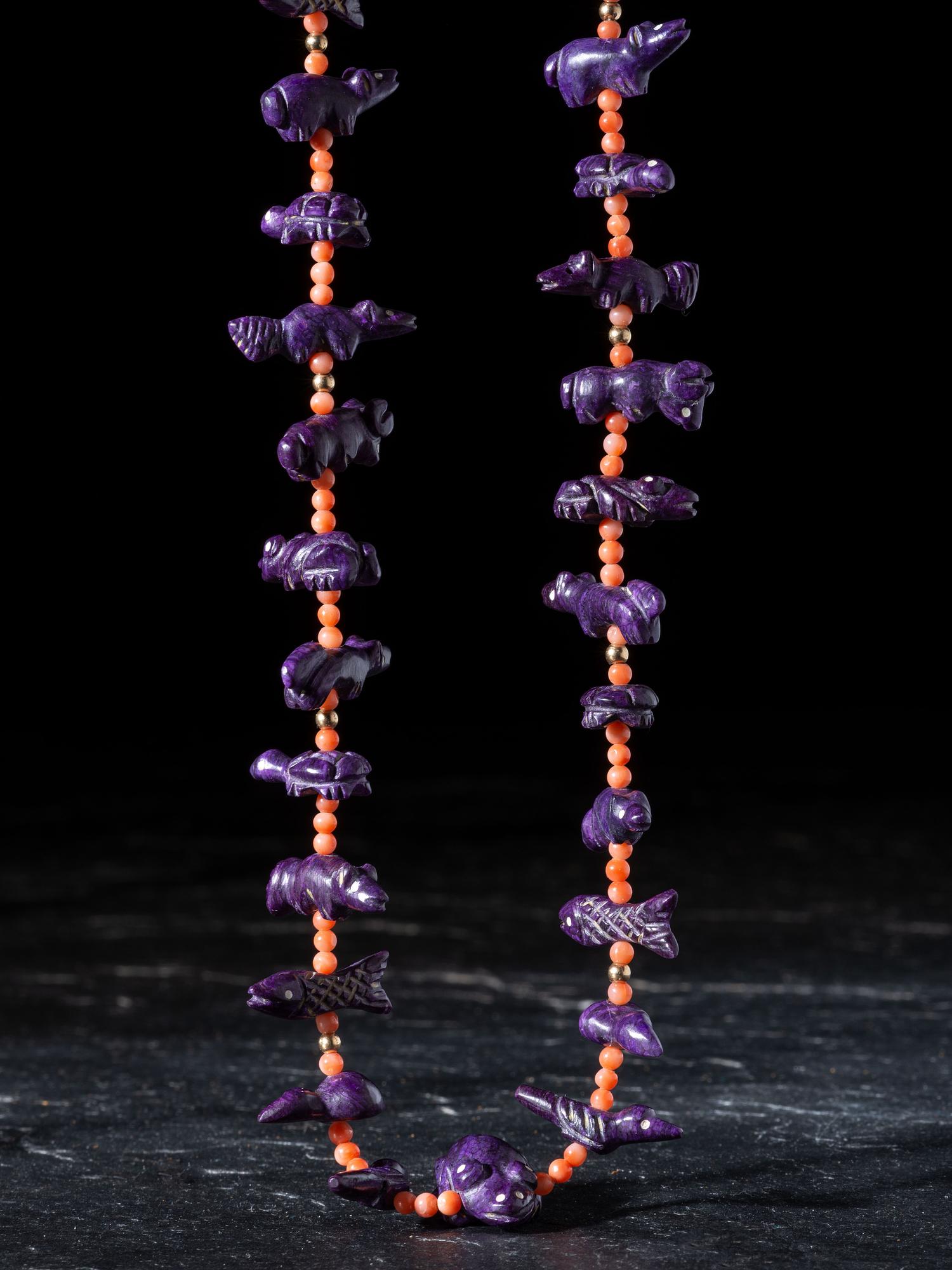 Single-strand Coral Necklace, with Sugilite Fetishes and Gold Findings