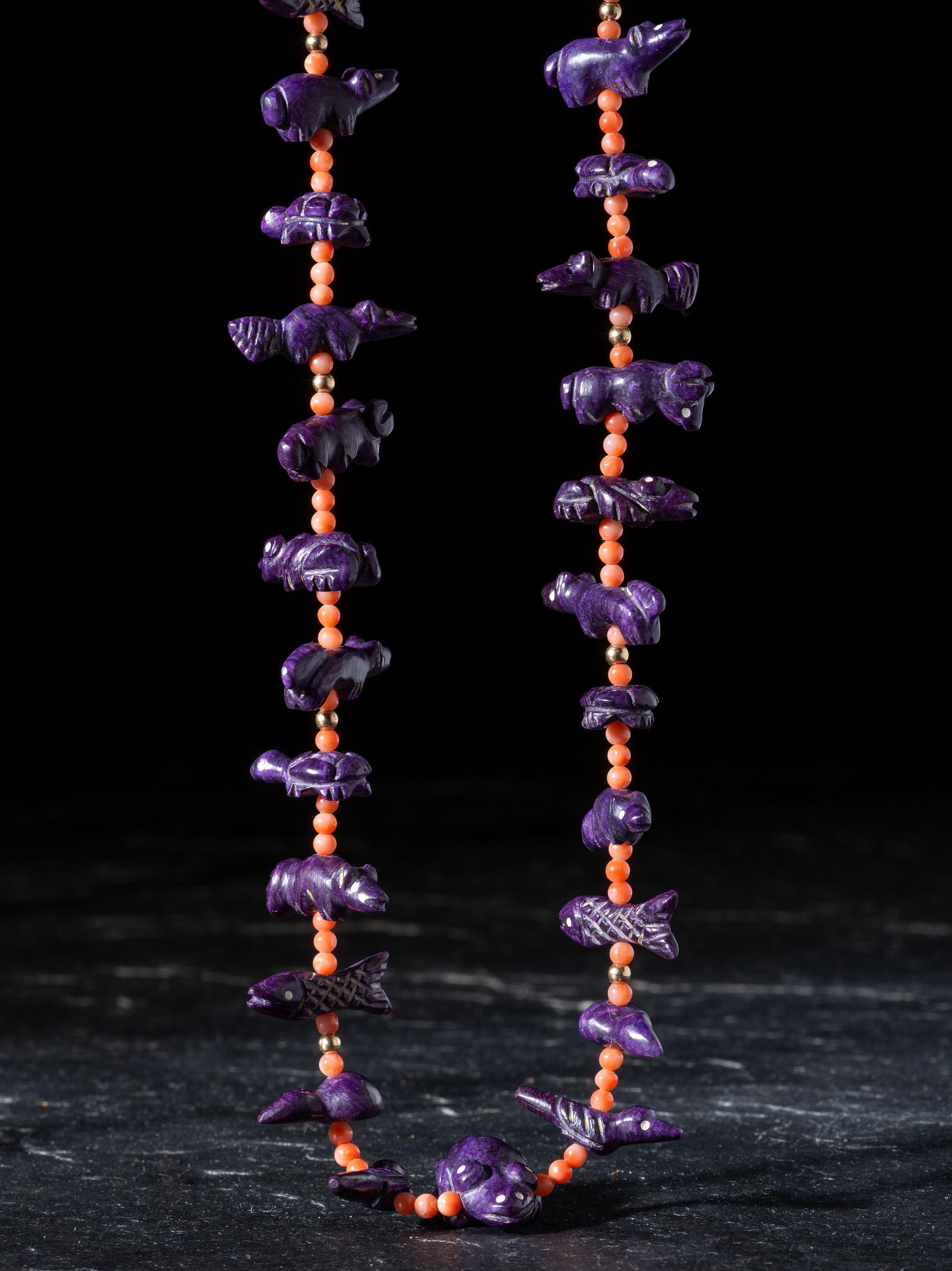 Single-strand Coral Necklace, with Sugilite Fetishes and Gold Findings
