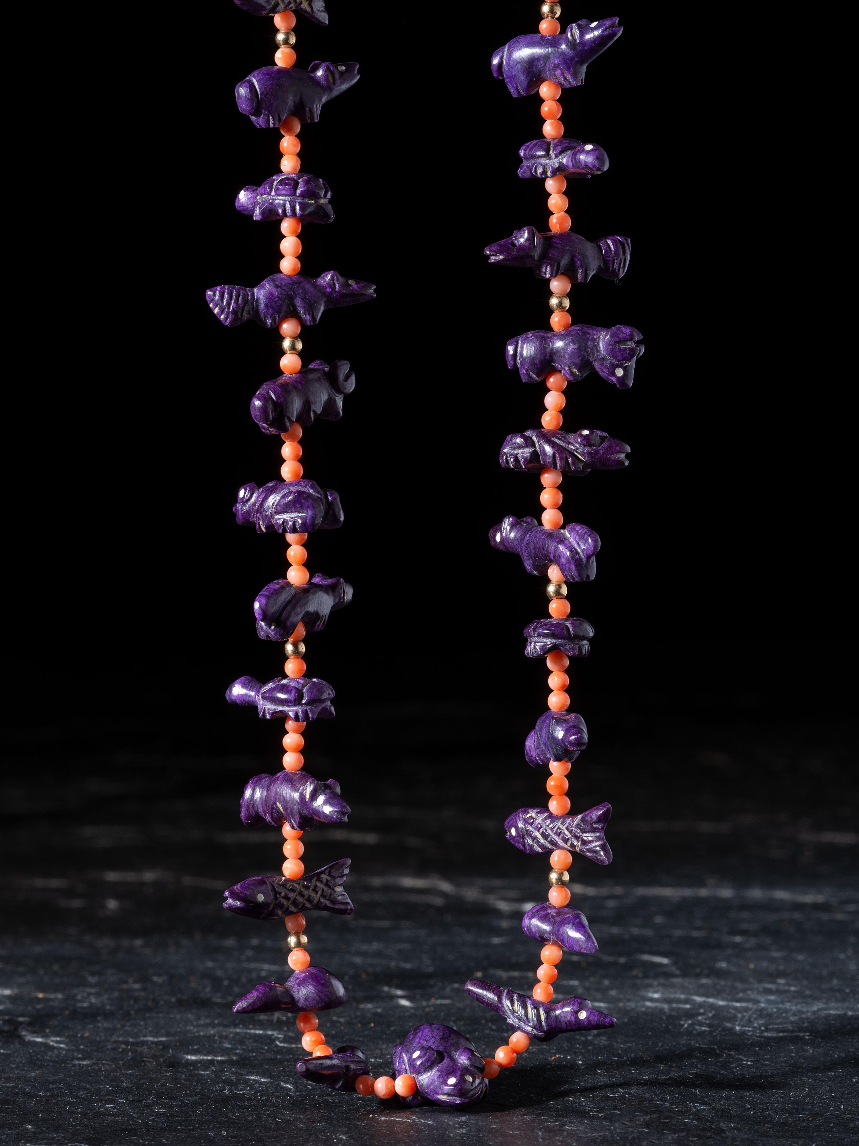 Single-strand Coral Necklace, with Sugilite Fetishes and Gold Findings