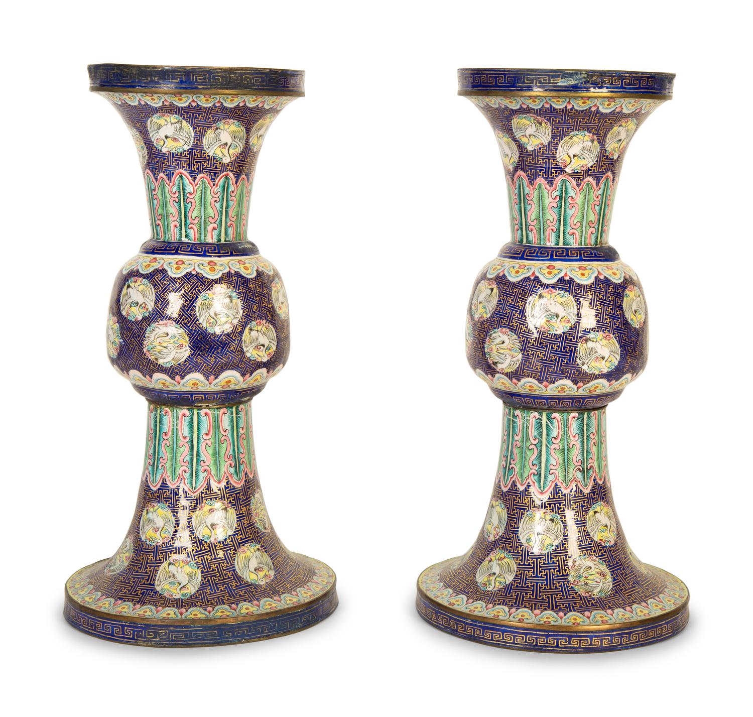 A Pair of Chinese Export Enamel on Copper Gu Vases