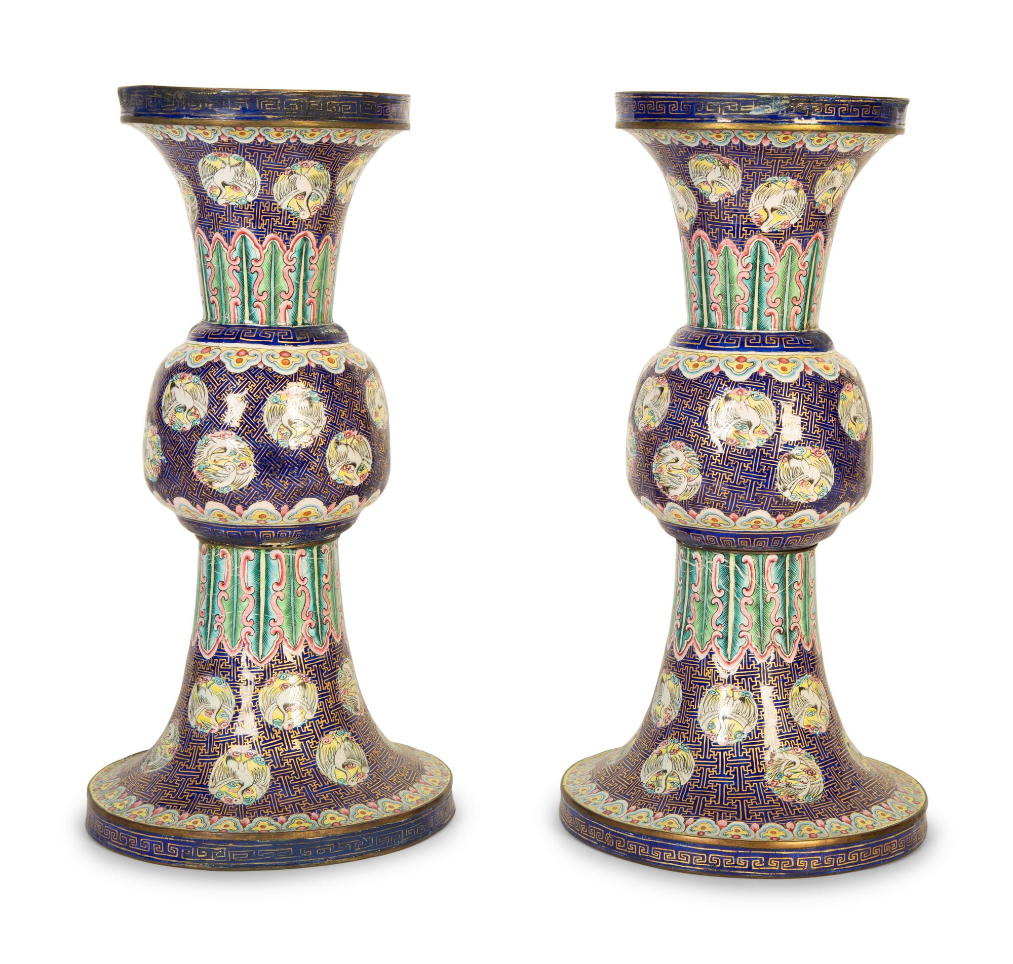 A Pair of Chinese Export Enamel on Copper Gu Vases