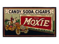 A 'Drink Moxie' Embossed Tin Store Advertising Sign