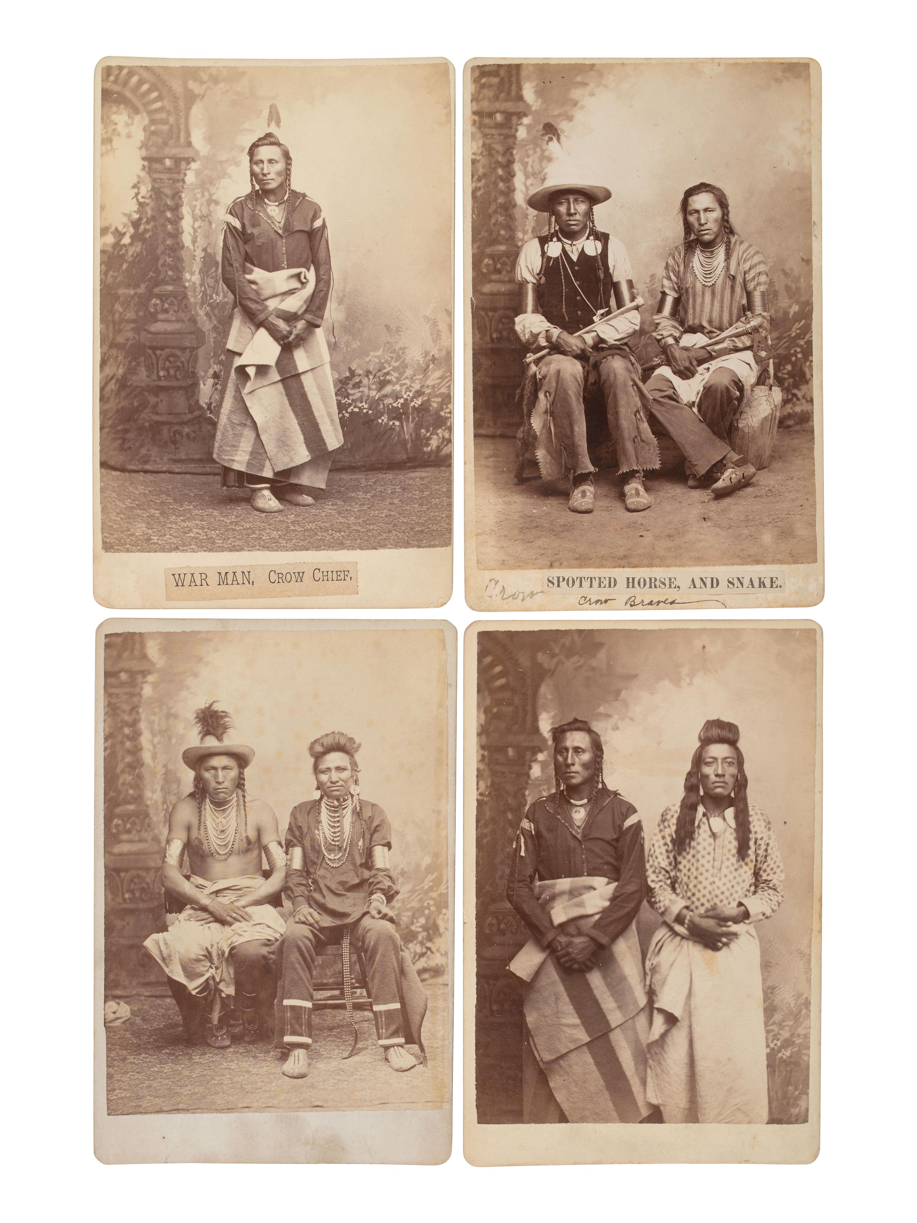 BARRY, David F. (1854-1934), photographer. Four cabinet cards of Crow warriors, incl. War Man, Spotted Horse, Snake and Big Belly. Ca 1880s.
