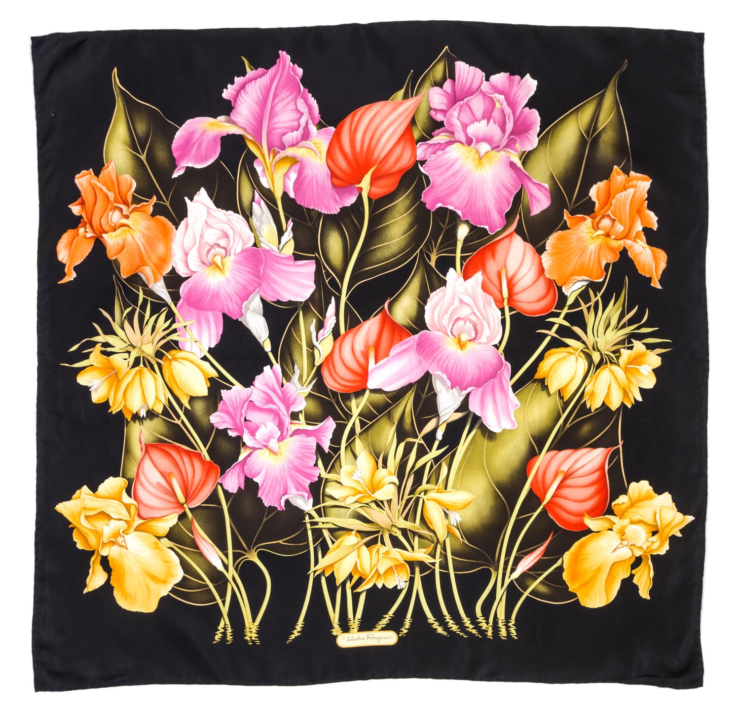 A Ferragamo 90cm Black Silk Floral Print Scarf, 36" x 36".