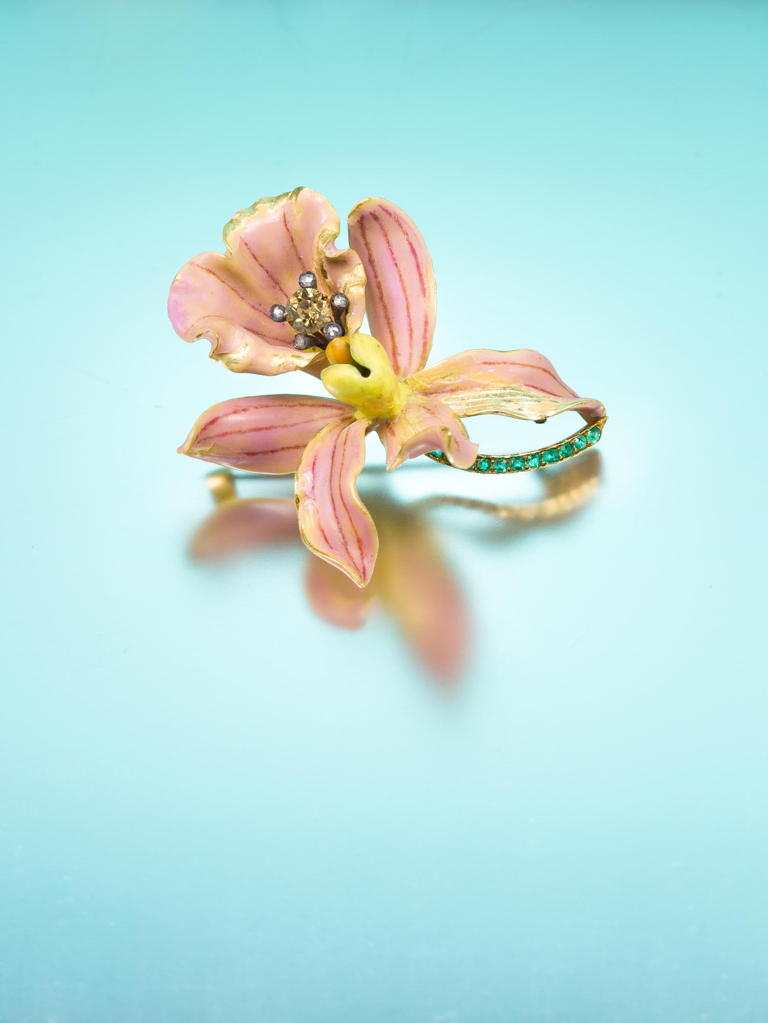 An Art Nouveau Yellow Gold, Polychrome Enamel, Diamond and Emerald "Style No. 4: Calanthe Veitchii" Orchid Brooch, Paulding Farnham for