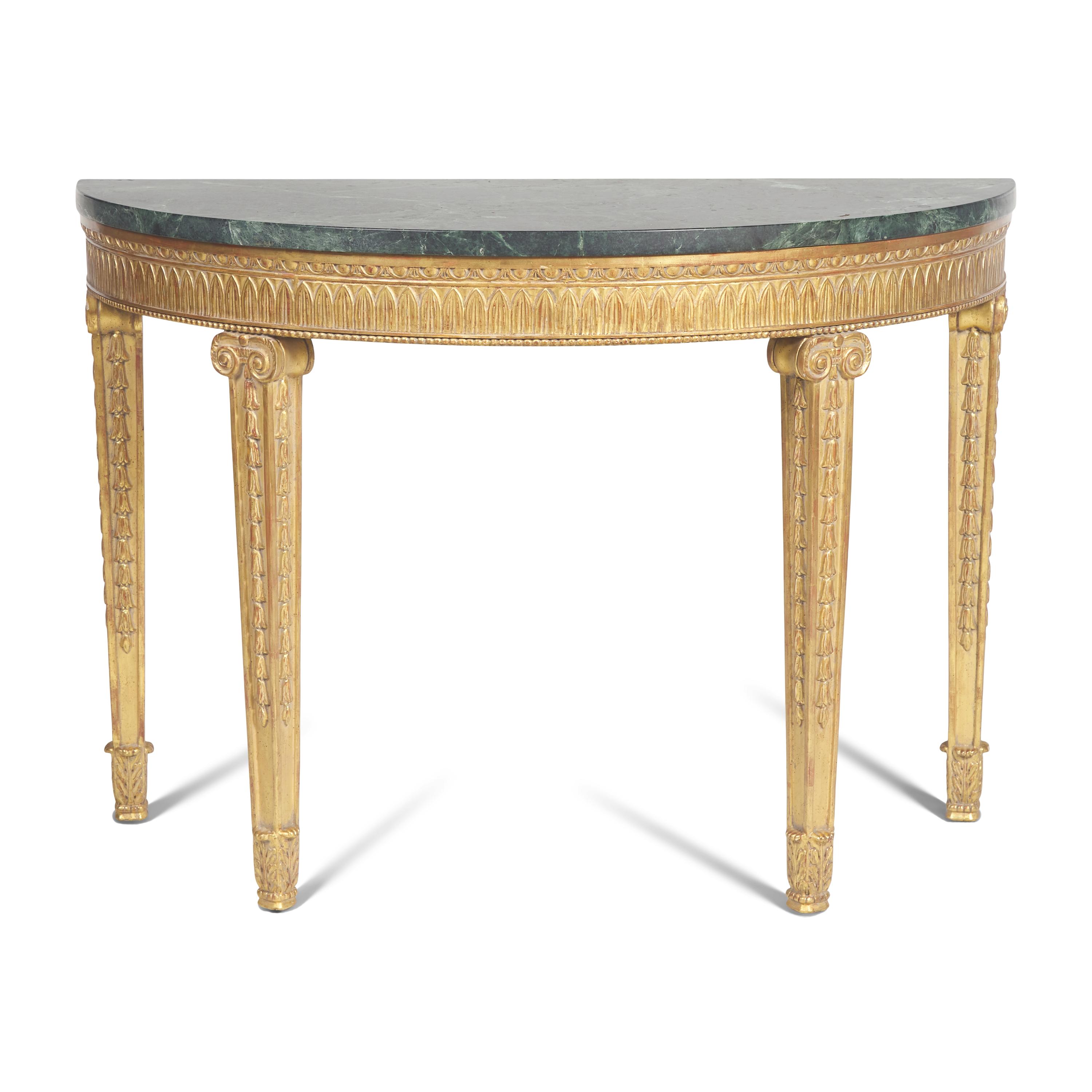 A Neoclassical Style Giltwood and Marble-Top Demilune Console Table