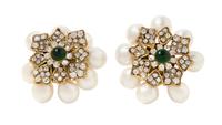 A Pair of Chanel Rhinestone and Faux Pearl Earclips, 2" diameter.