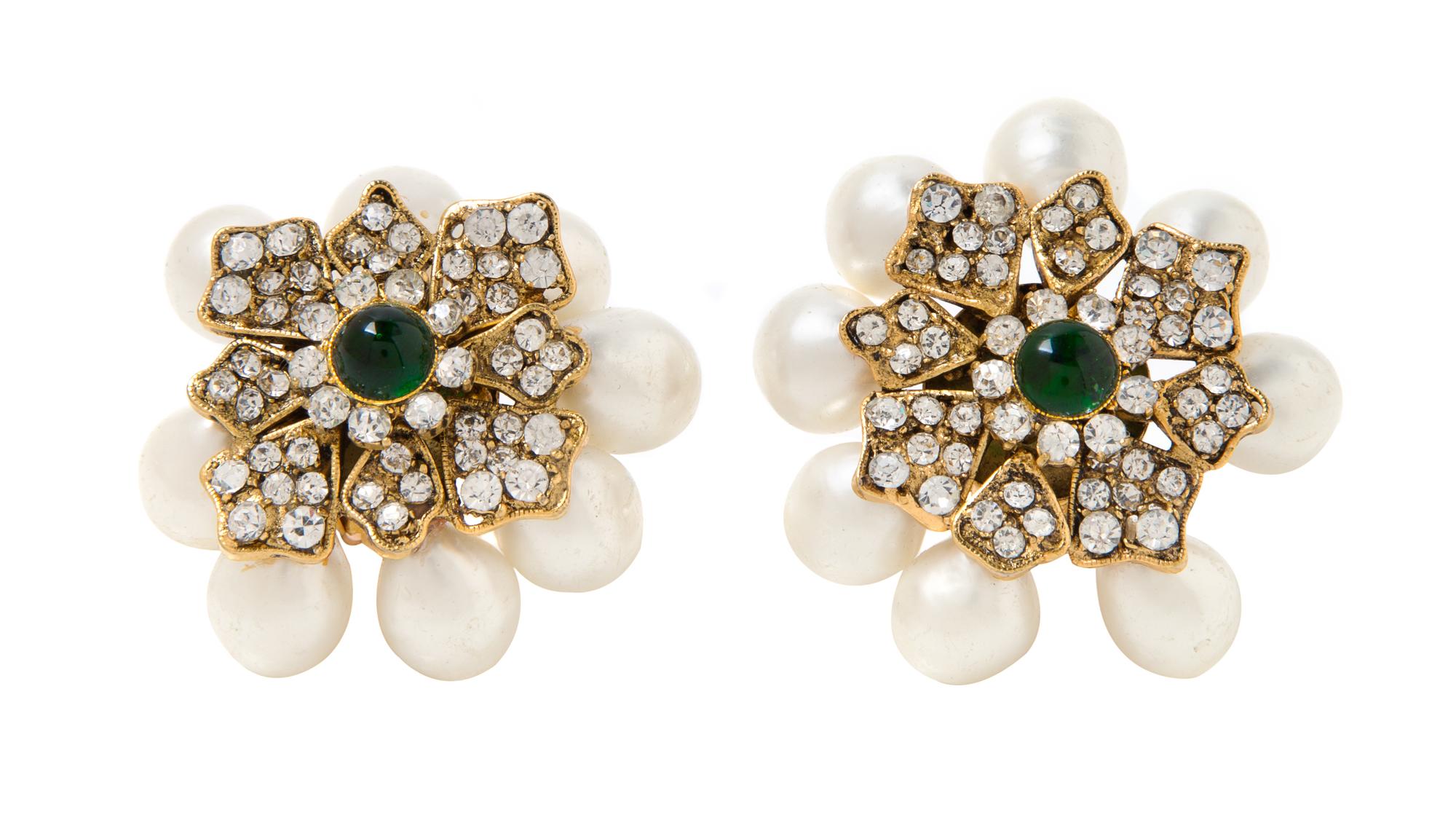 A Pair of Chanel Rhinestone and Faux Pearl Earclips, 2" diameter.