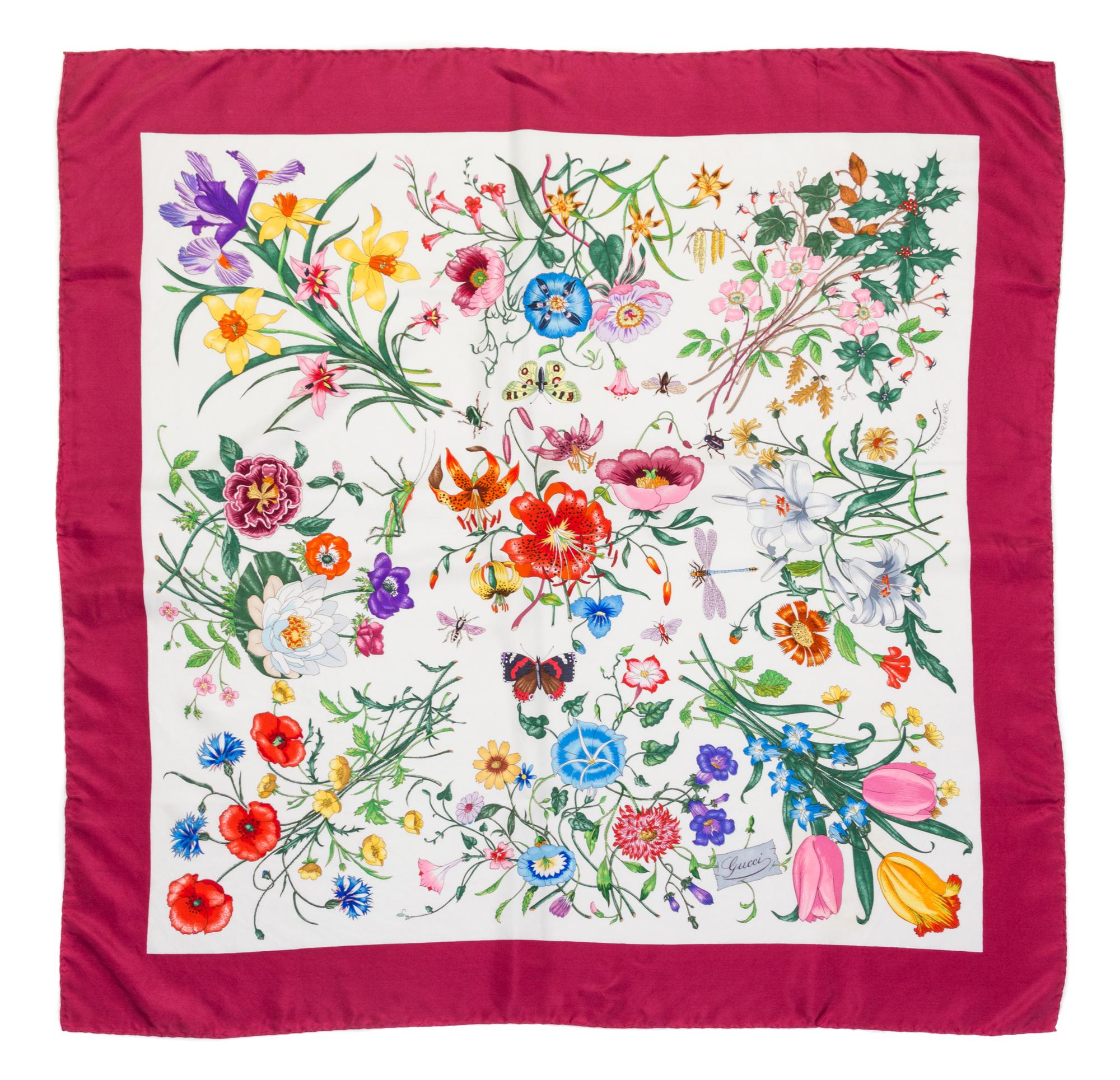 A Pair of Gucci Silk Floral Scarves, 35" x 35".