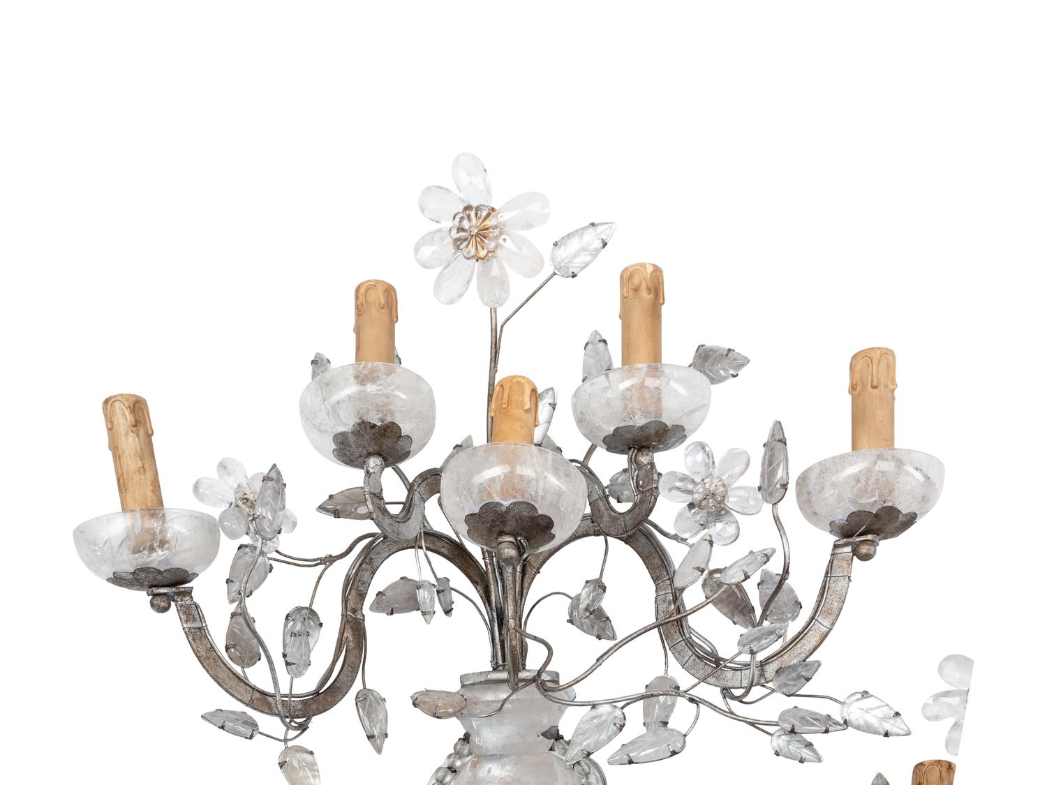 A Set of Four Maison Baguès-Style Rock Crystal and Silvered Metal Five-Arm Sconces