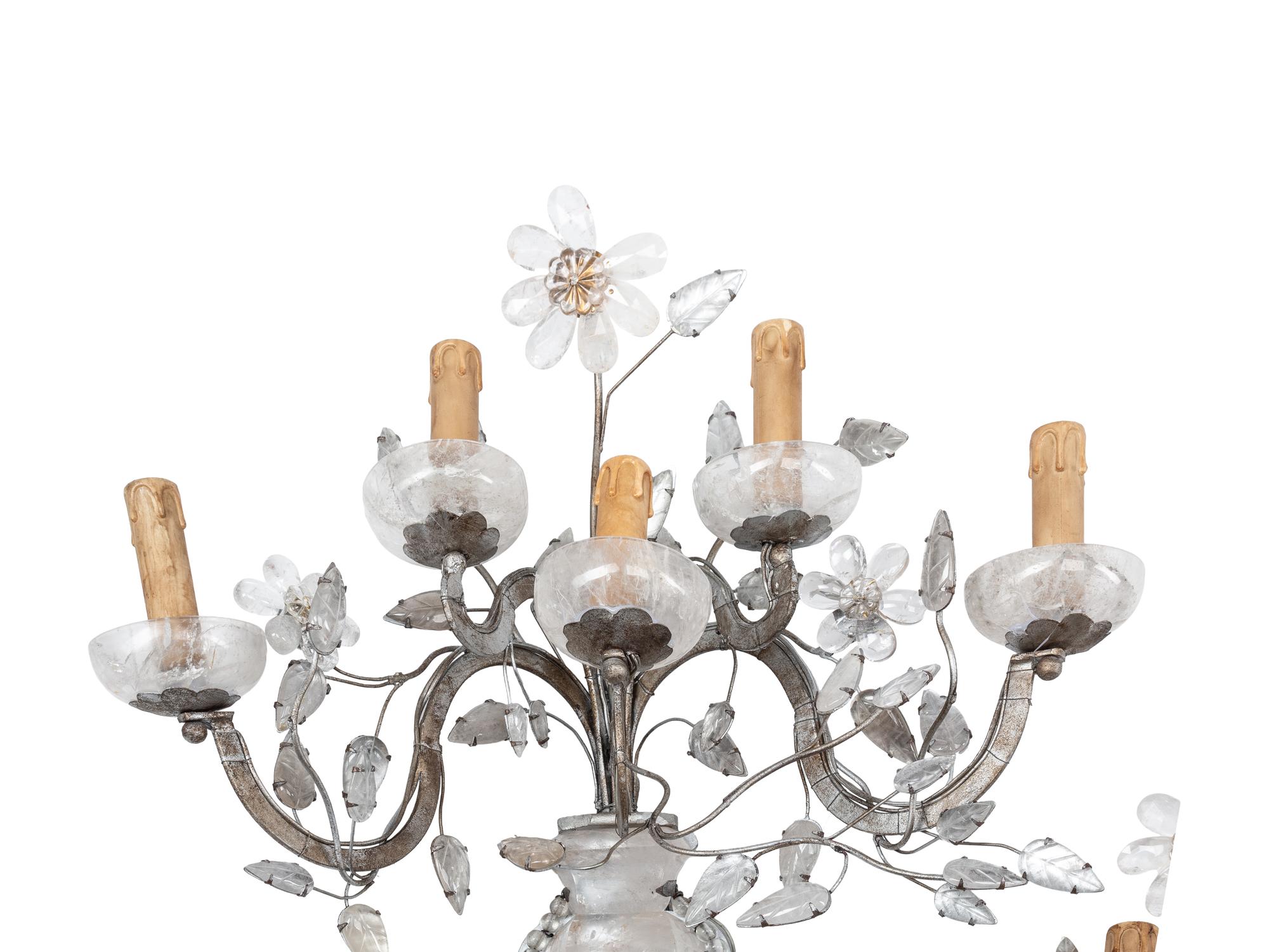 A Set of Four Maison Baguès-Style Rock Crystal and Silvered Metal Five-Arm Sconces