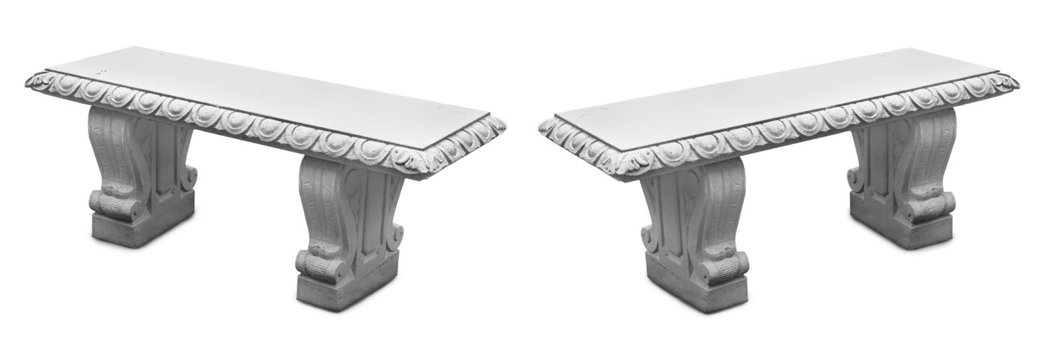 A Pair of Baroque-Style Stone Composite Benches Height 20 x width 50 x depth 18 inches.