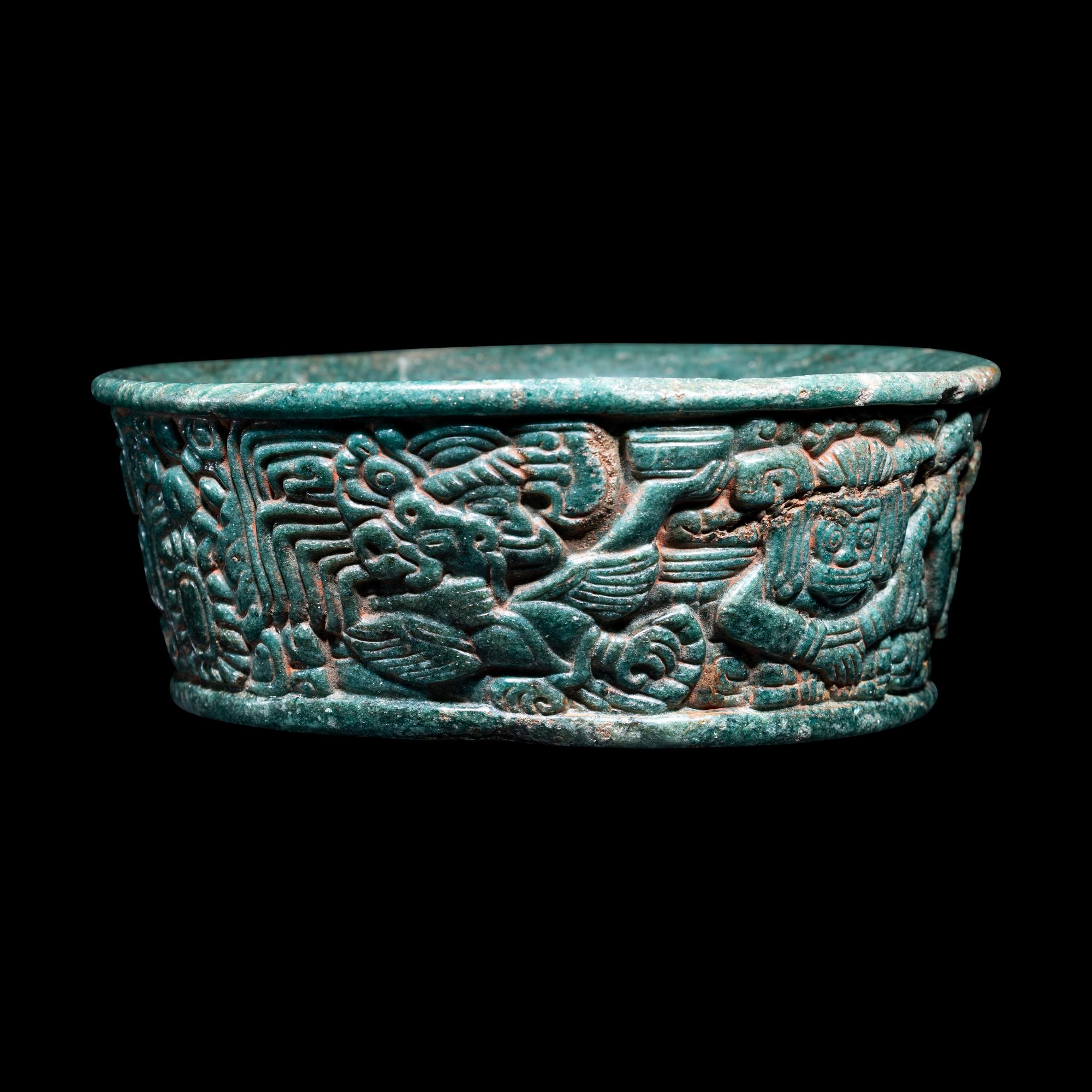 A Maya Green Fuchsite Bowl with Intricate Figures