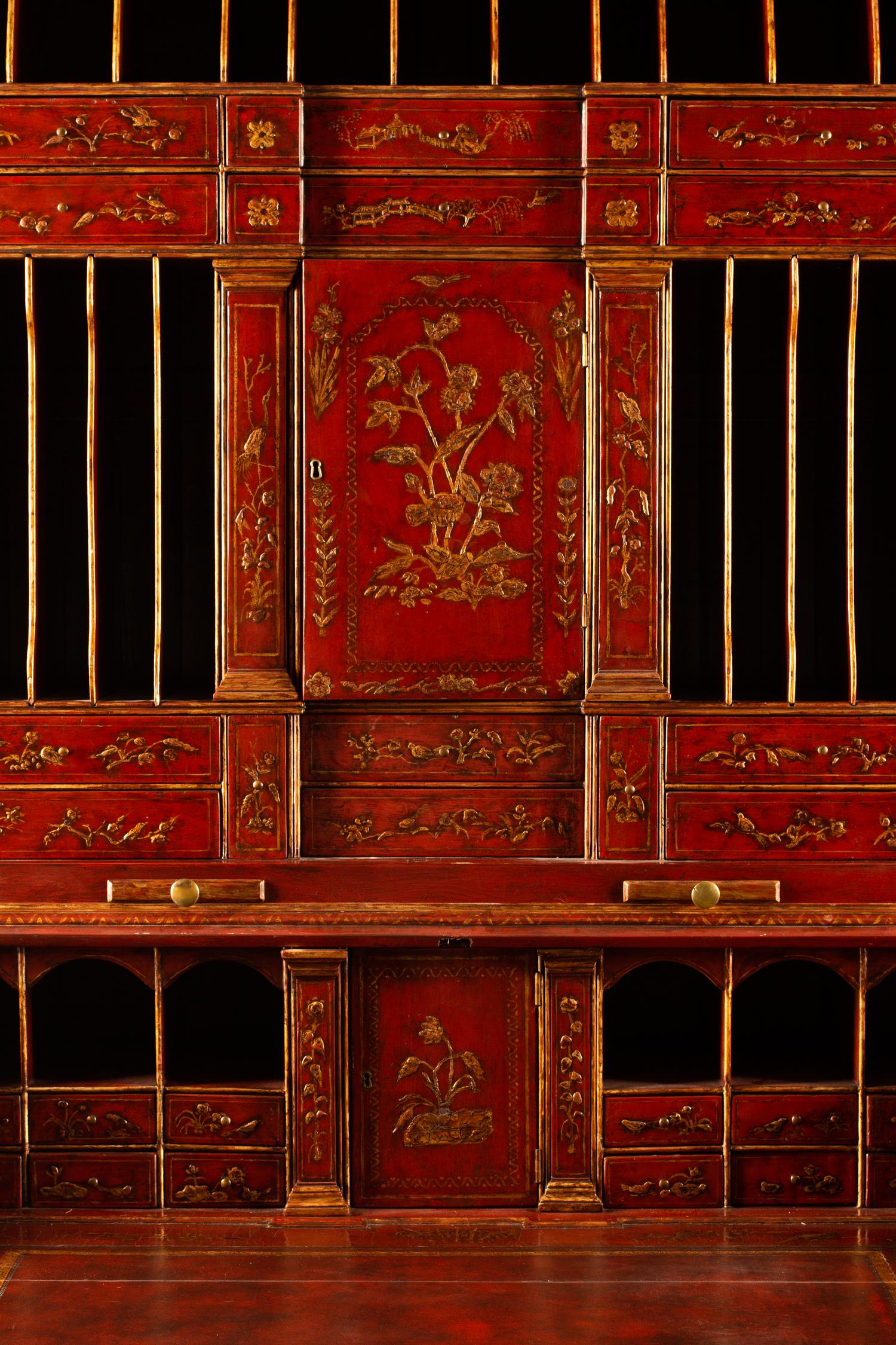 A George II Style Red Lacquered Chinoiserie Secretary Bookcase — 20TH CENTURY