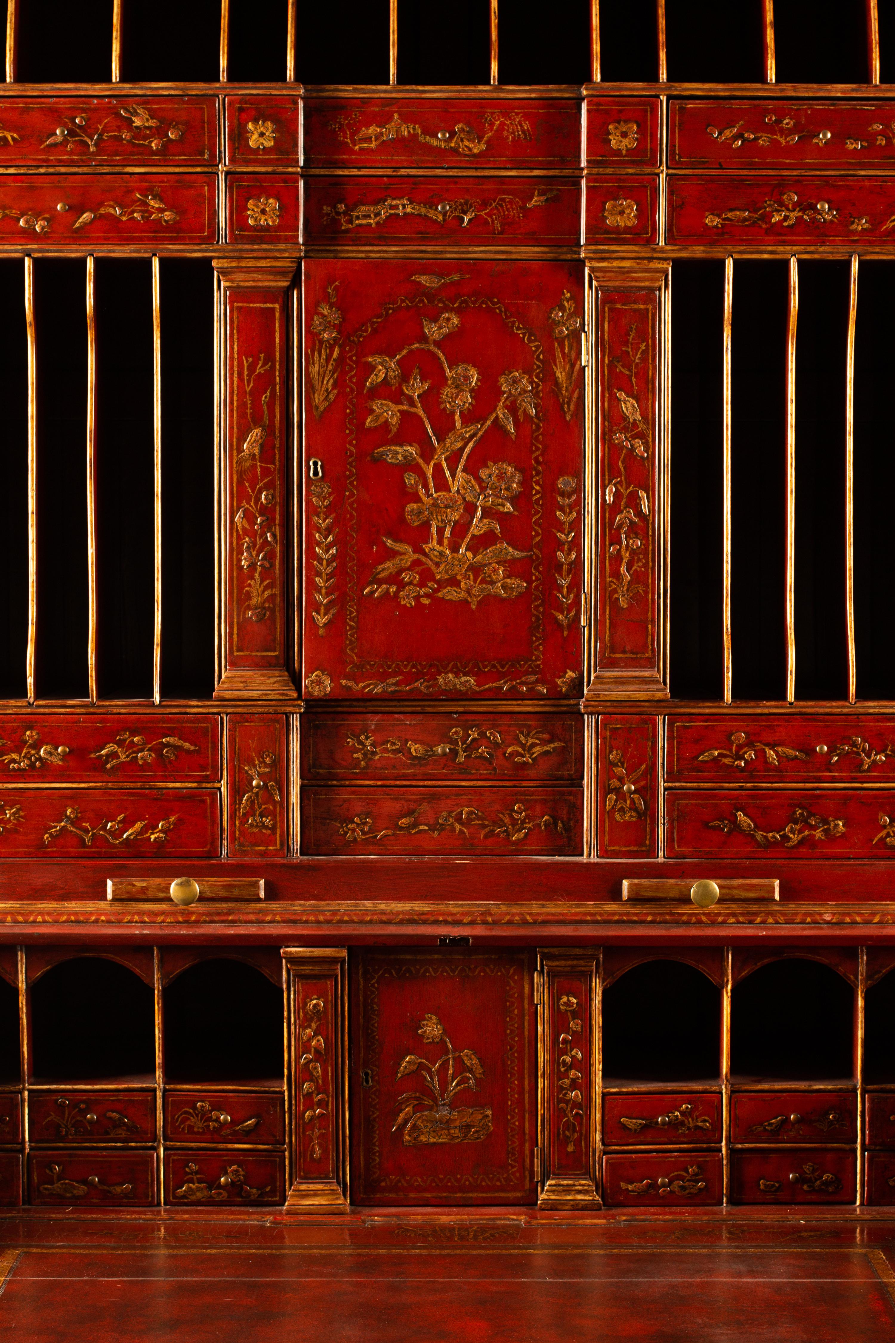 A George II Style Red Lacquered Chinoiserie Secretary Bookcase — 20TH CENTURY
