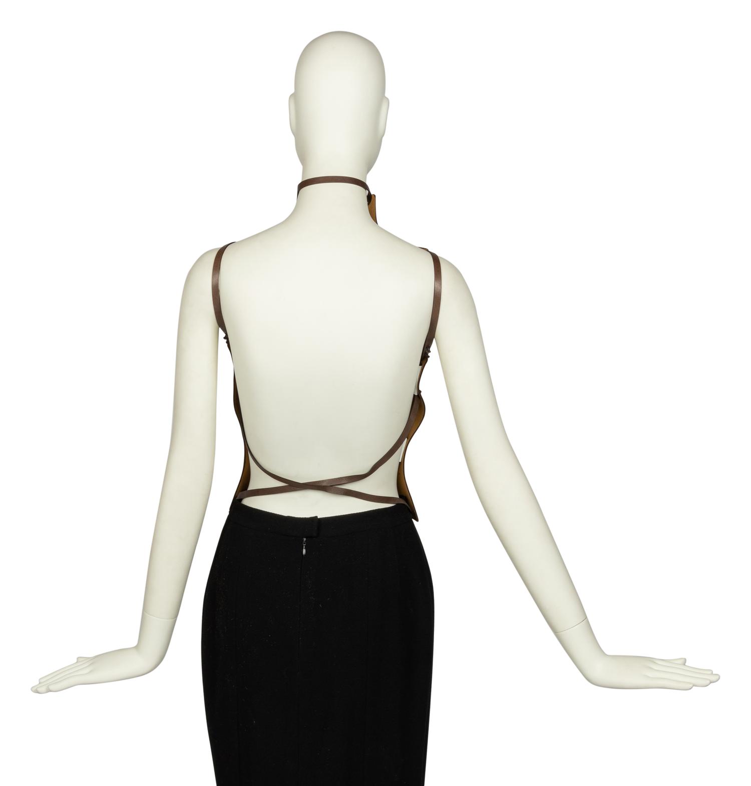 Issey Miyake Brown Leather Bustier With Tooled Art Nouveau-Like Design, F/W 2006