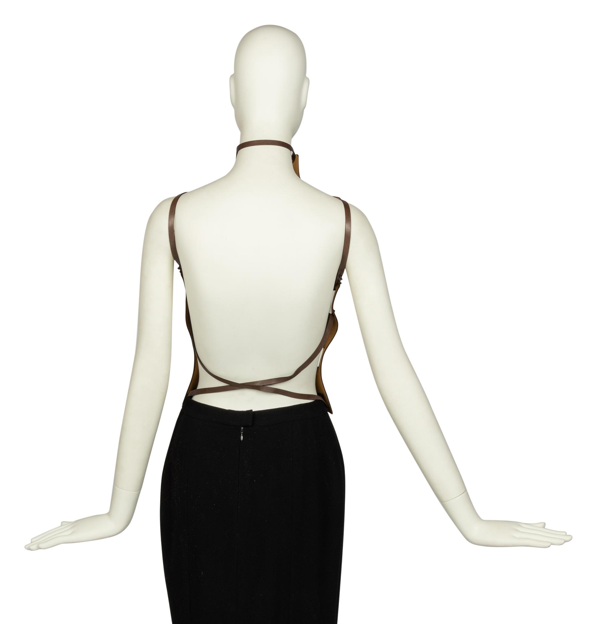 Issey Miyake Brown Leather Bustier With Tooled Art Nouveau-Like Design, F/W 2006