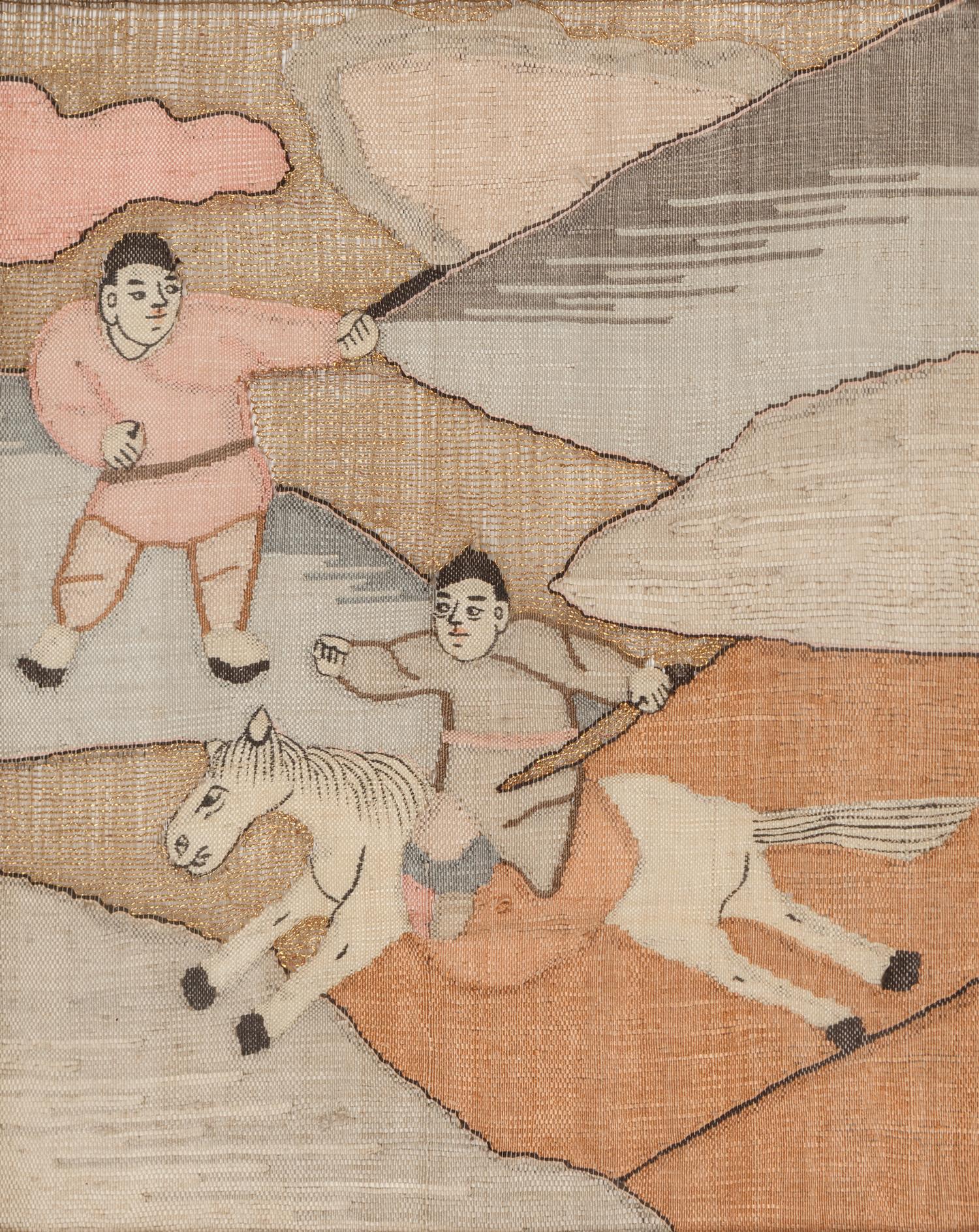 Eight Chinese Cream Ground Kesi Woven Silk Panels