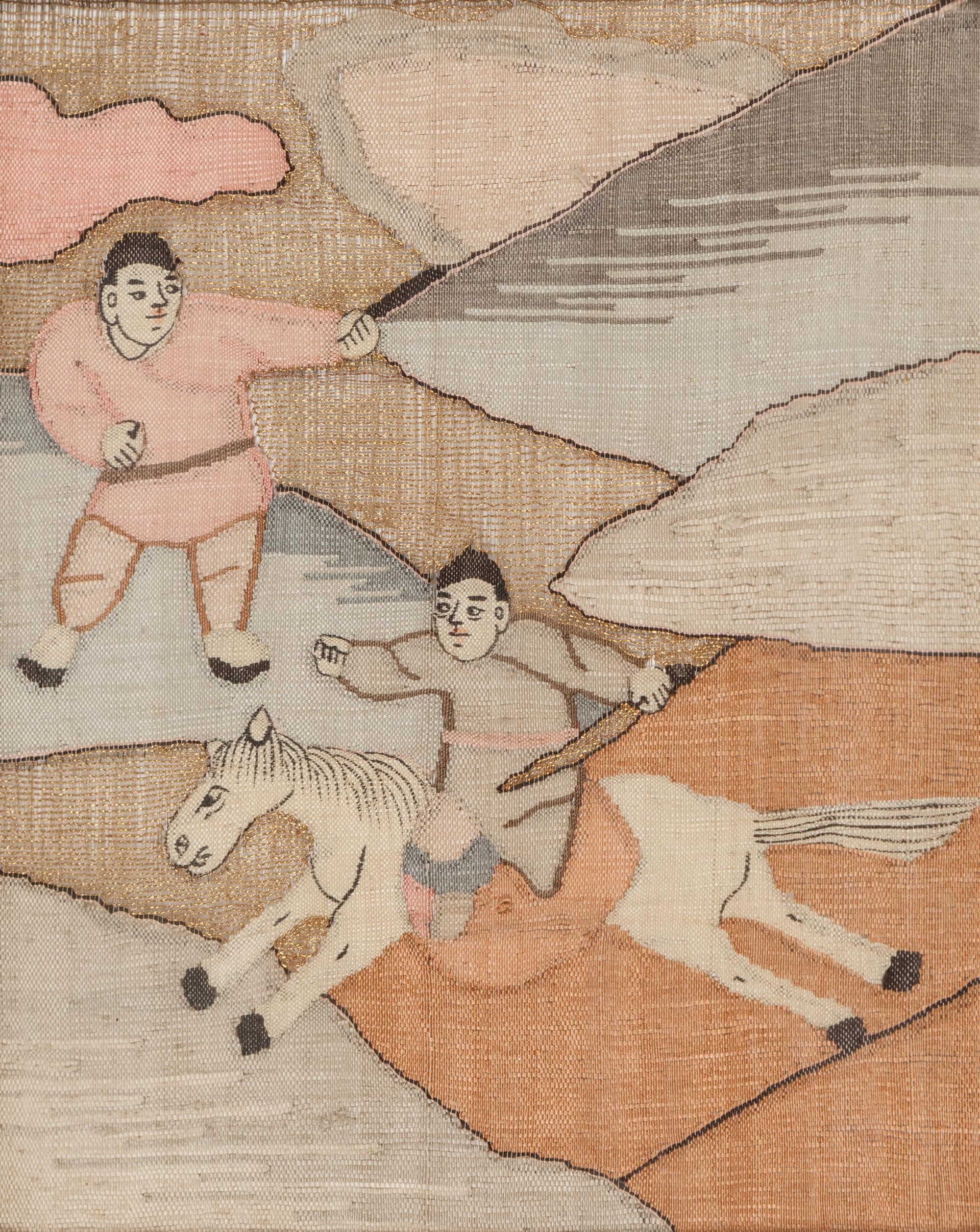 Eight Chinese Cream Ground Kesi Woven Silk Panels