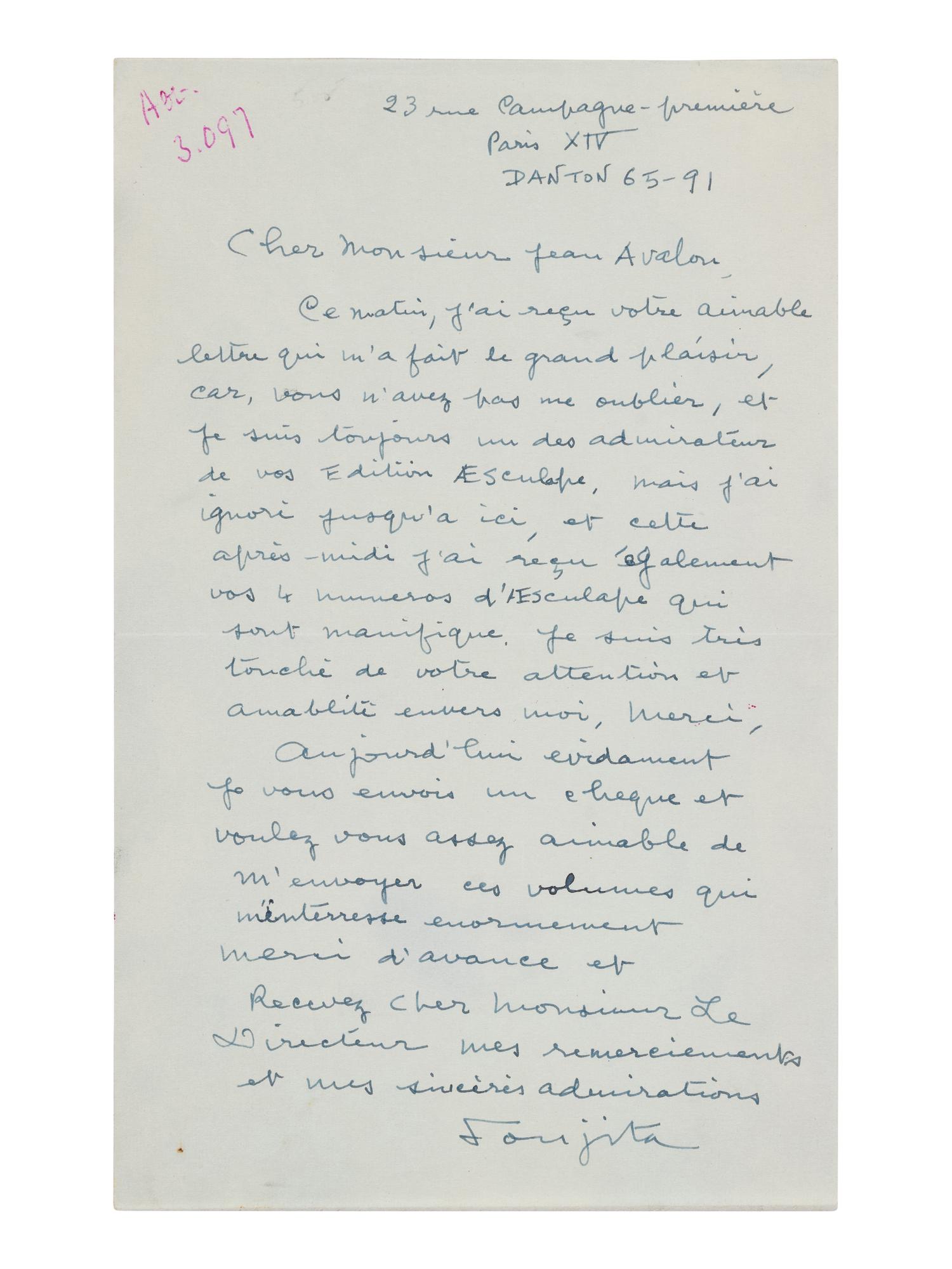 [ARTISTS]. FOUJITA, Tsugouharu (1886-1968). Autograph letter signed ("Foujita"), to Jean Avalon. 23 rue Campagne-premiere, Paris, n.d.