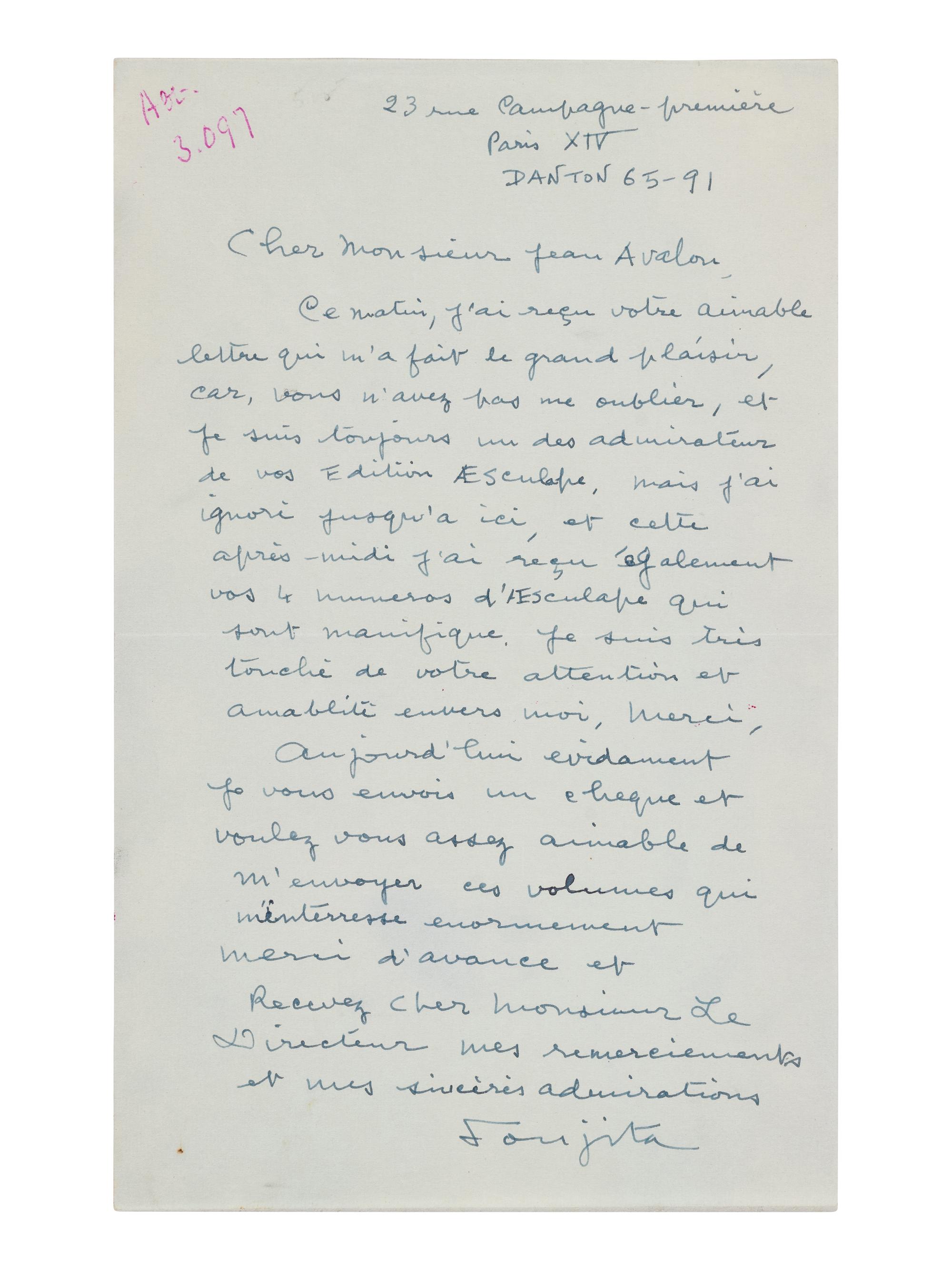 [ARTISTS]. FOUJITA, Tsugouharu (1886-1968). Autograph letter signed ("Foujita"), to Jean Avalon. 23 rue Campagne-premiere, Paris, n.d.