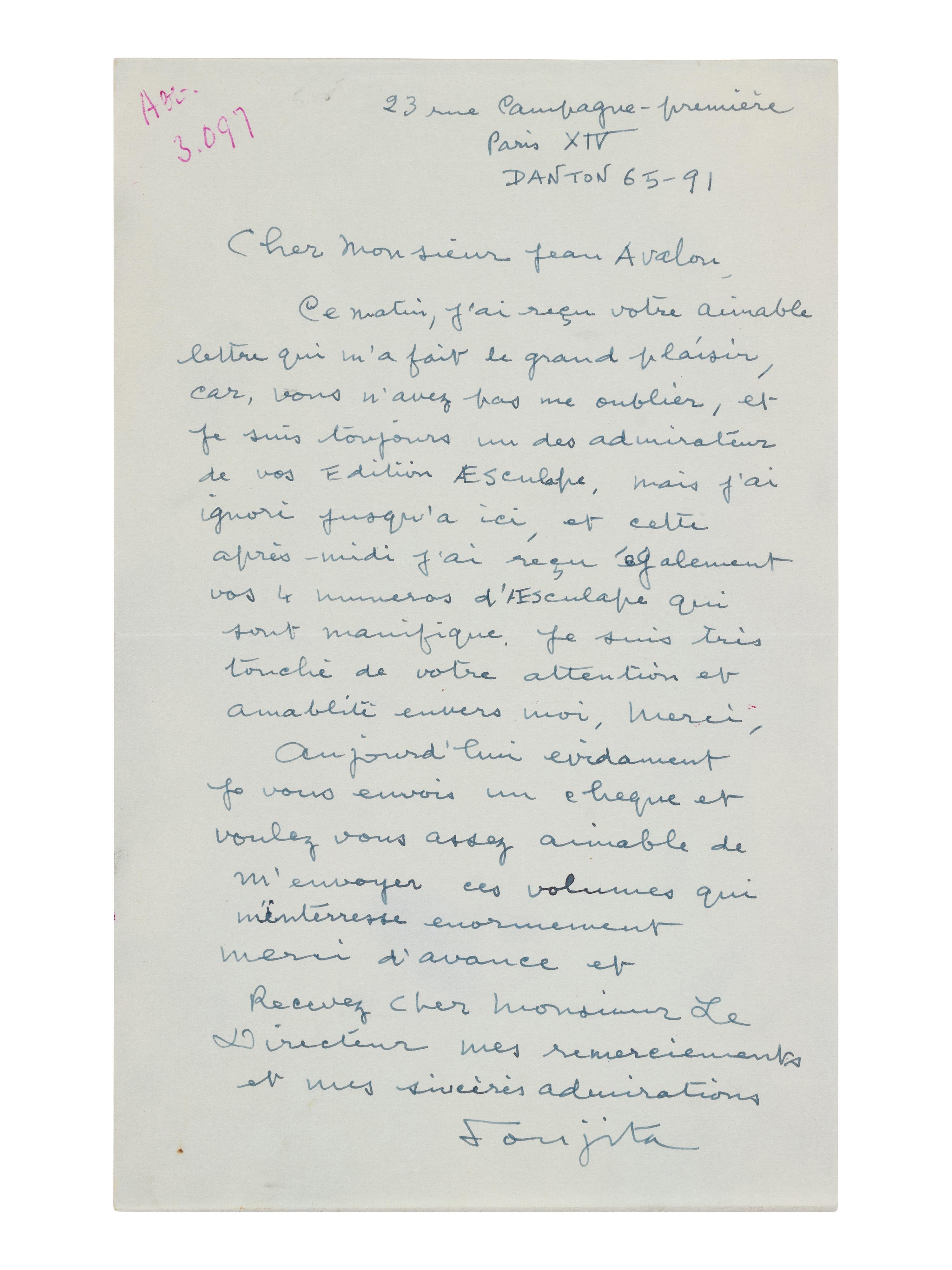 [ARTISTS]. FOUJITA, Tsugouharu (1886-1968). Autograph letter signed ("Foujita"), to Jean Avalon. 23 rue Campagne-premiere, Paris, n.d.