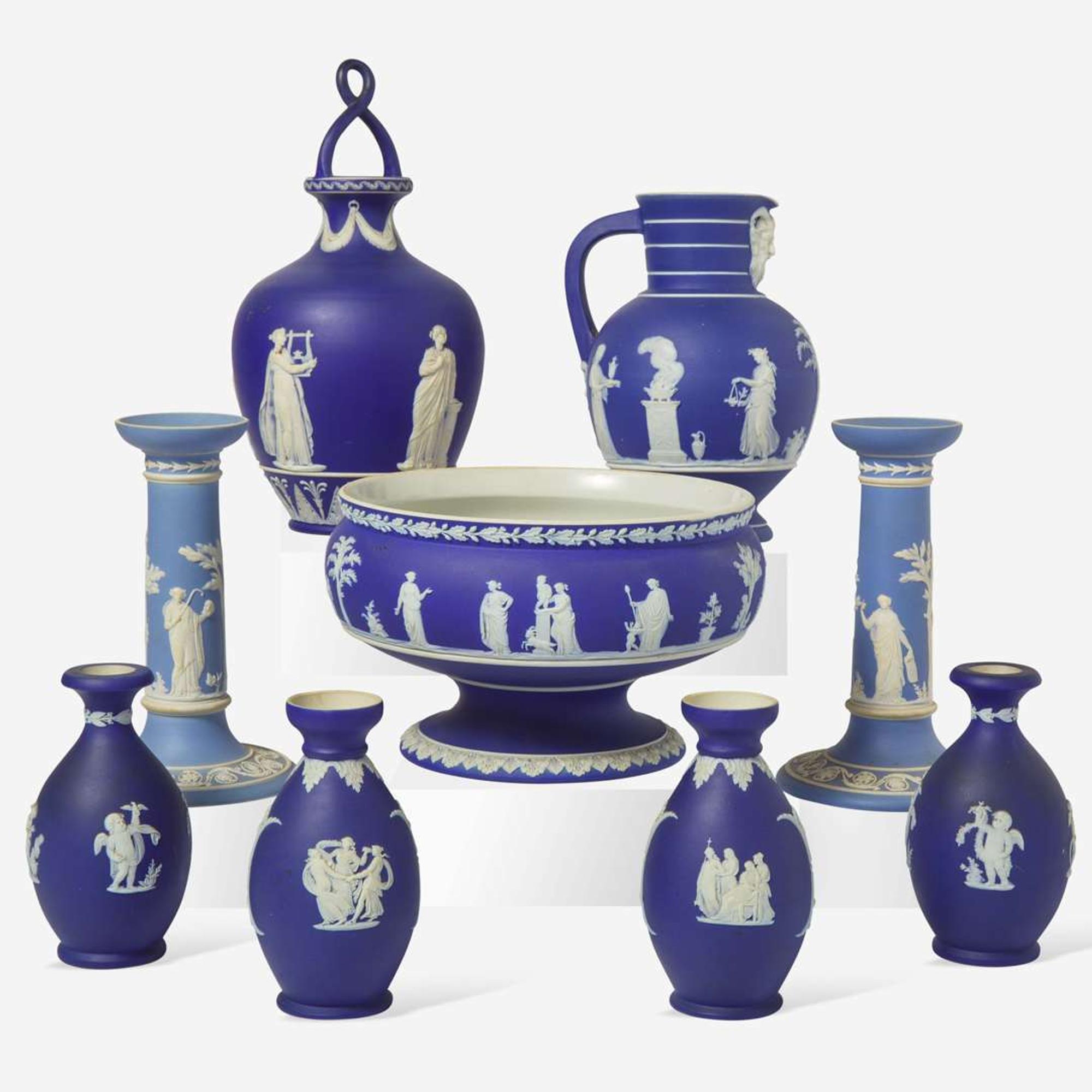 A collection of nine Wedgwood blue jasperware tablewares England, late 19th / early 20th century