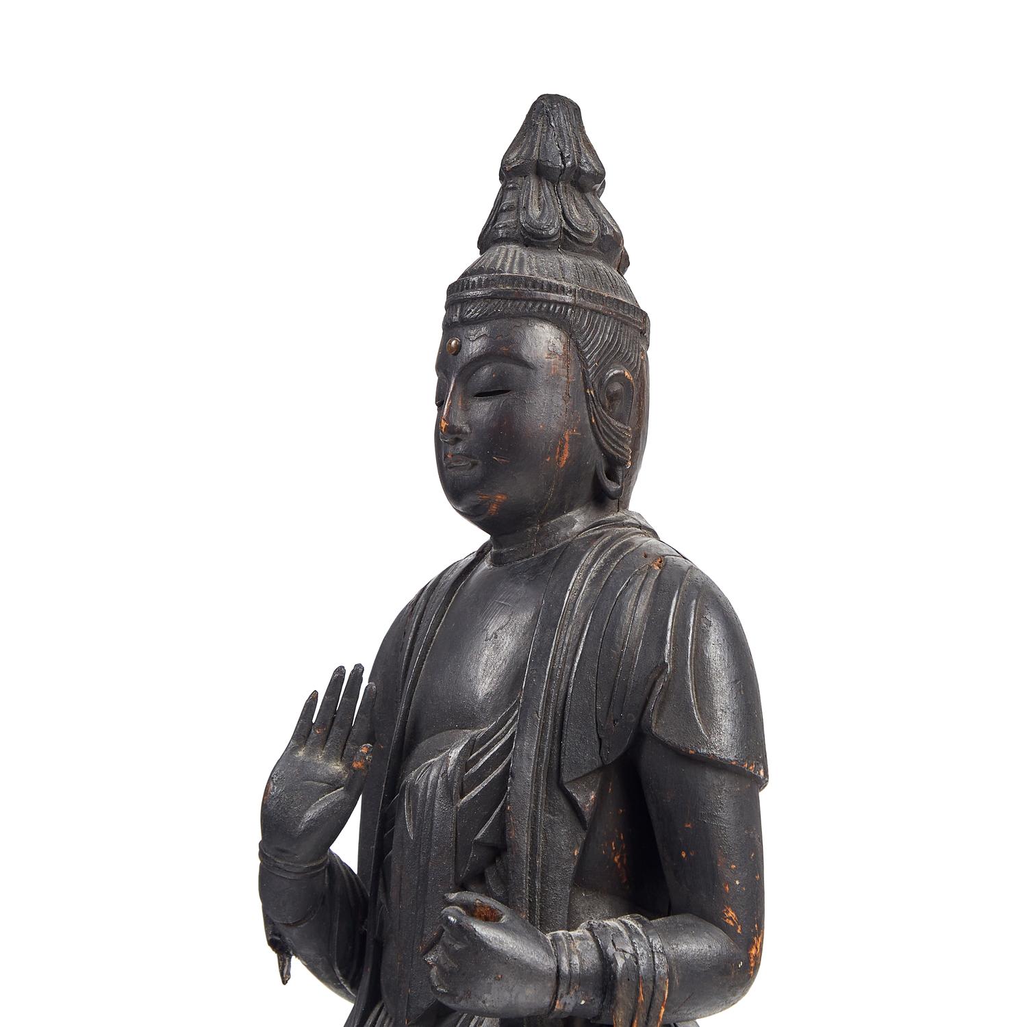 A Large Japanese Carved and Stained Wood Standing Figure of Kannon Bosatsu , Heian Period, 11th/12th Century