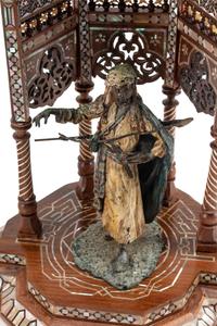 A Pair of Levantine Marquetry and Mother-of-Pearl Inlaid Architectural Models with Austrian Cold-Painted Bronze Figures