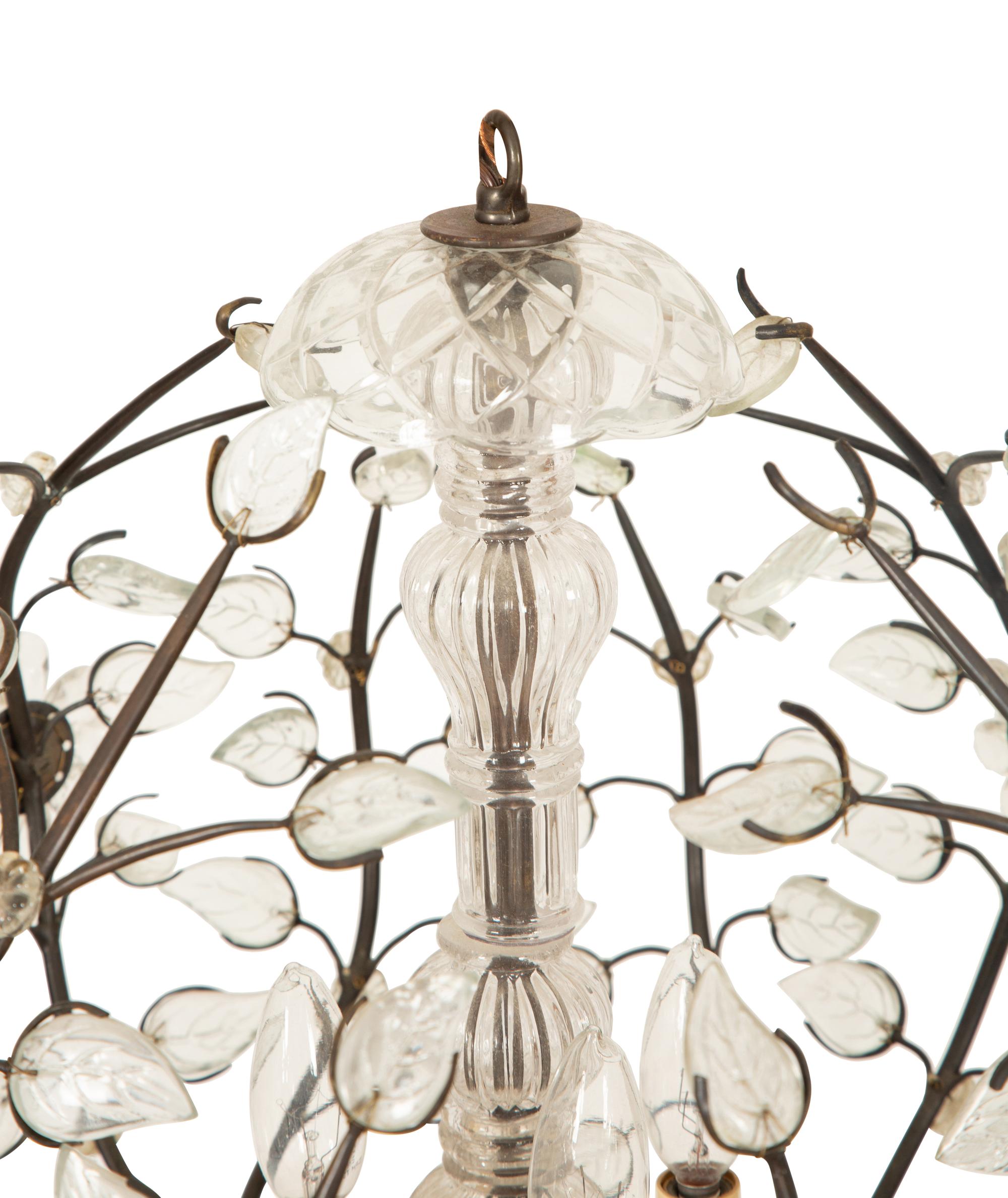 A Pair of Gilt Metal and Etched Crystal Leaf Globe-form Chandeliers in the Manner of Maison Bagues — 20th Century