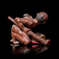 A Small Japanese Carved and Painted Wood 'Ratcatcher' Okimono 日本著物一件