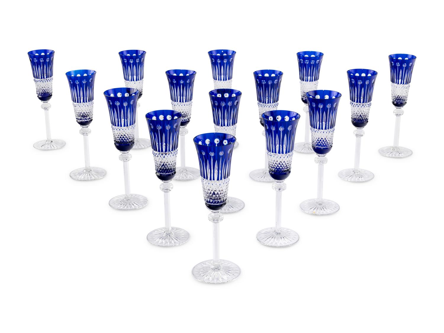 A Set of Fifteen Saint-Louis Cobalt Cut-to-Clear Champagne Flutes