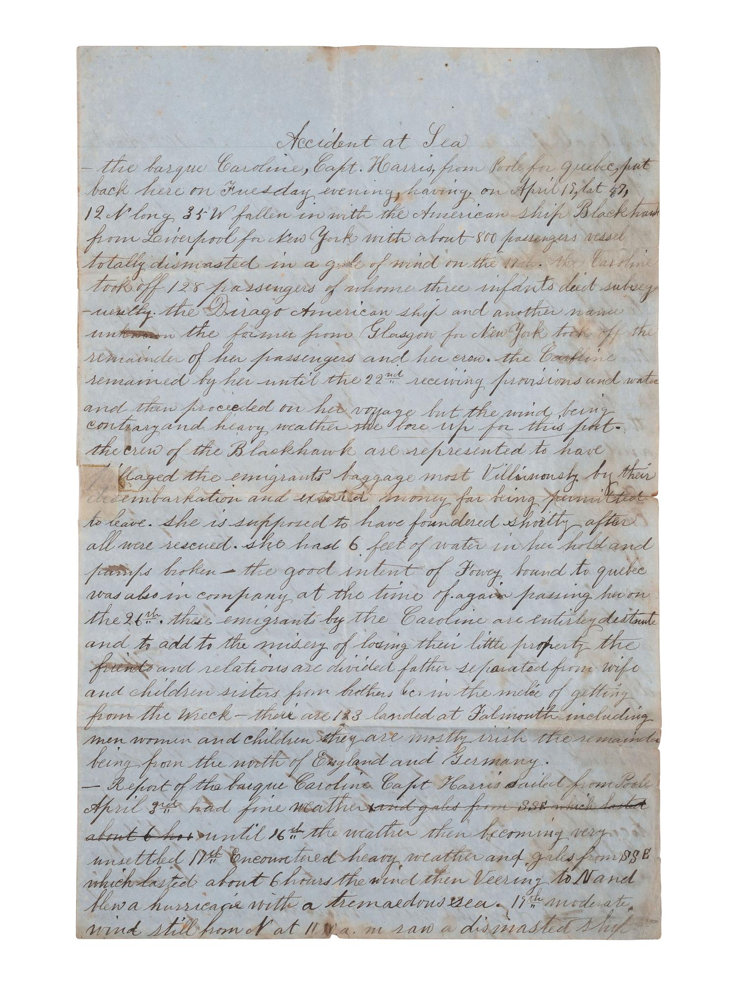 [SHIPWRECK]. Manuscript letter describing a shipwreck involving the barque Caroline . Ca 1830s.