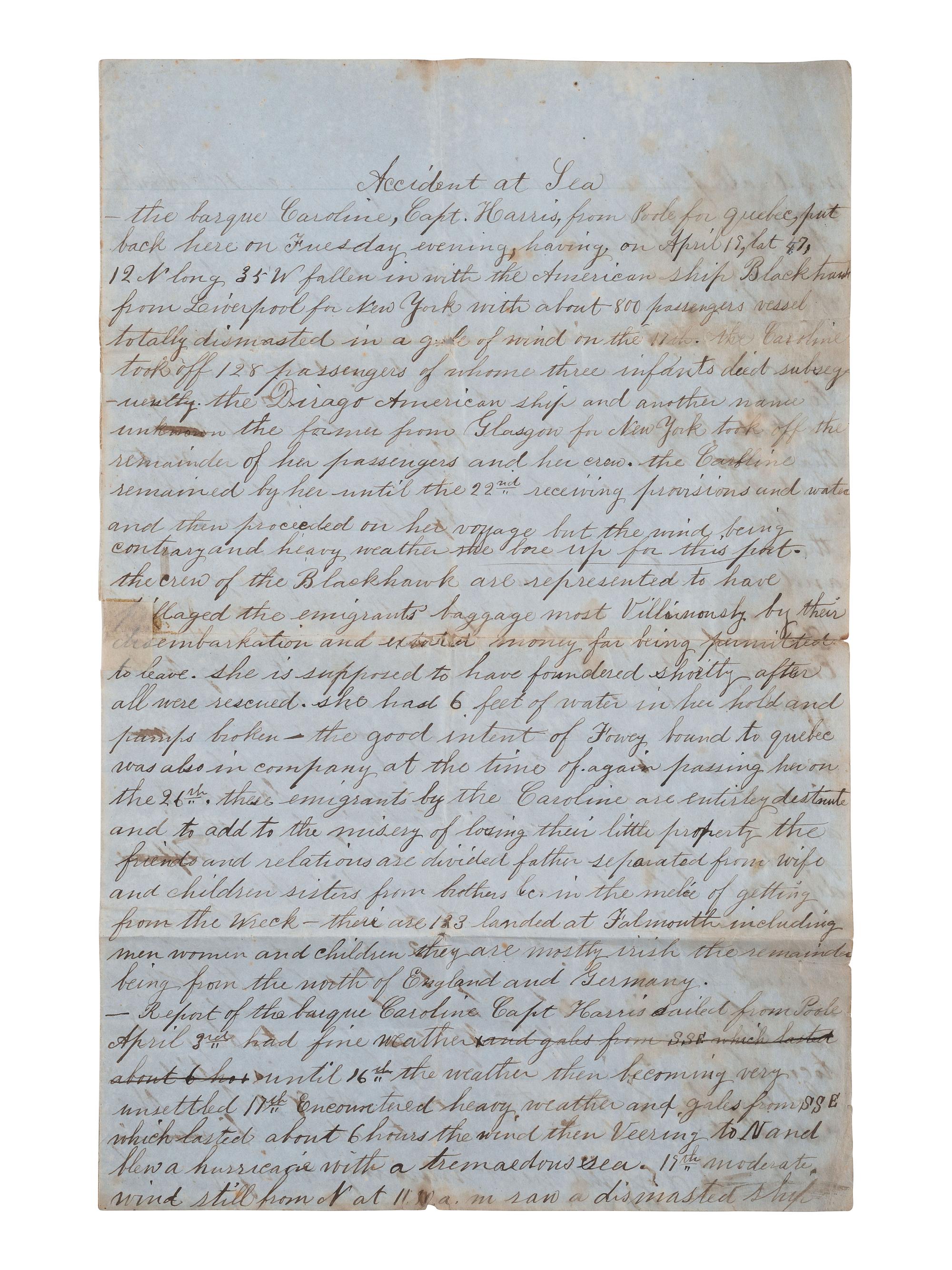 [SHIPWRECK]. Manuscript letter describing a shipwreck involving the barque Caroline . Ca 1830s.