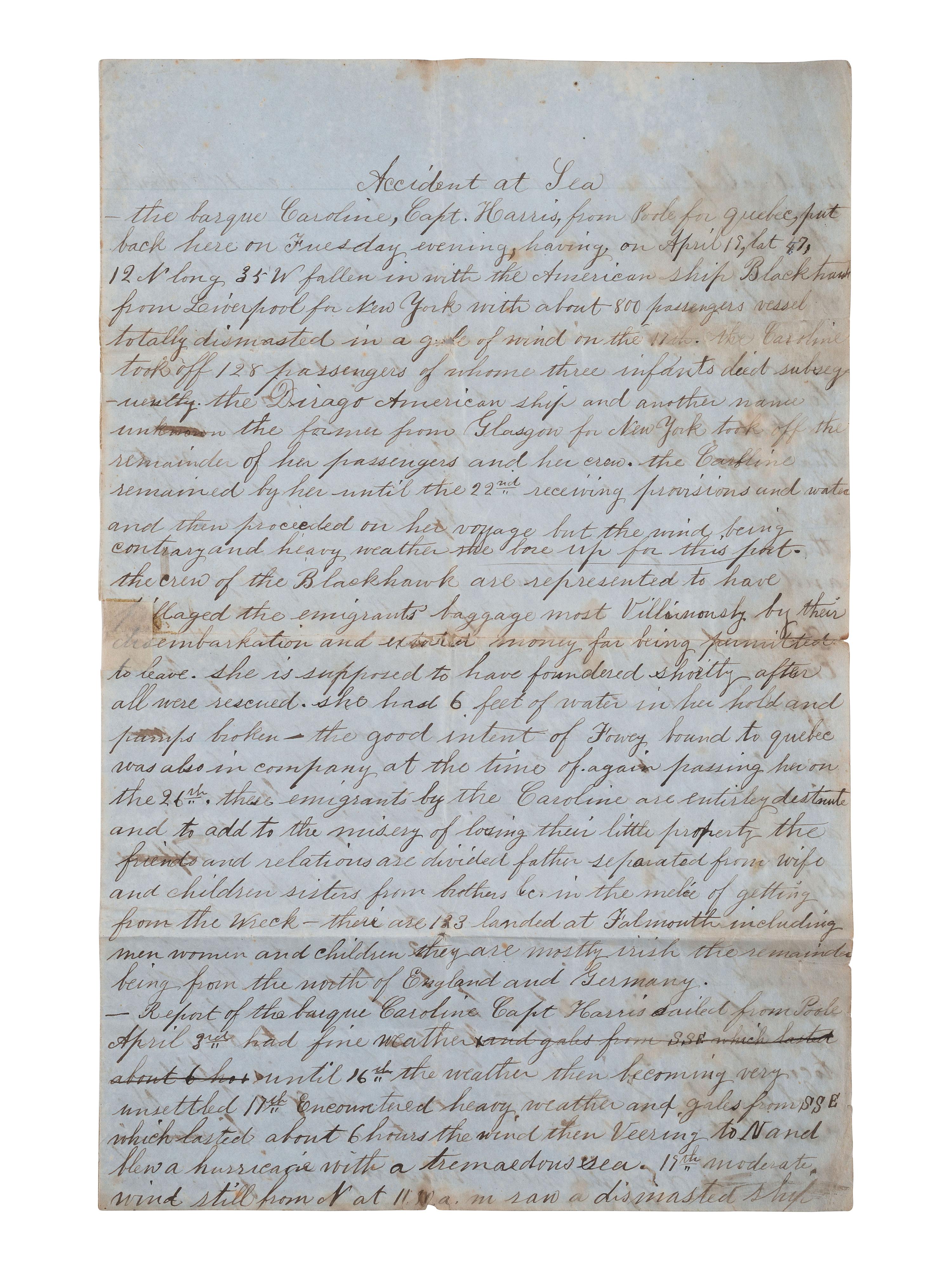 [SHIPWRECK]. Manuscript letter describing a shipwreck involving the barque Caroline . Ca 1830s.