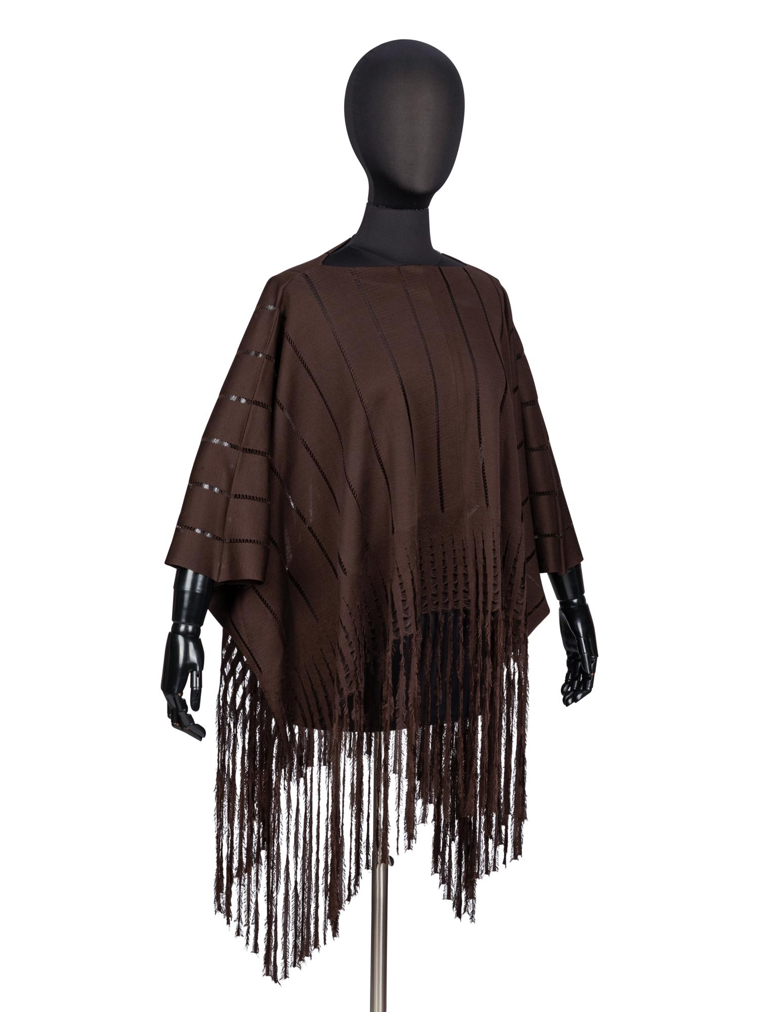 Yves Saint Laurent, Brown Fringed Silk Poncho