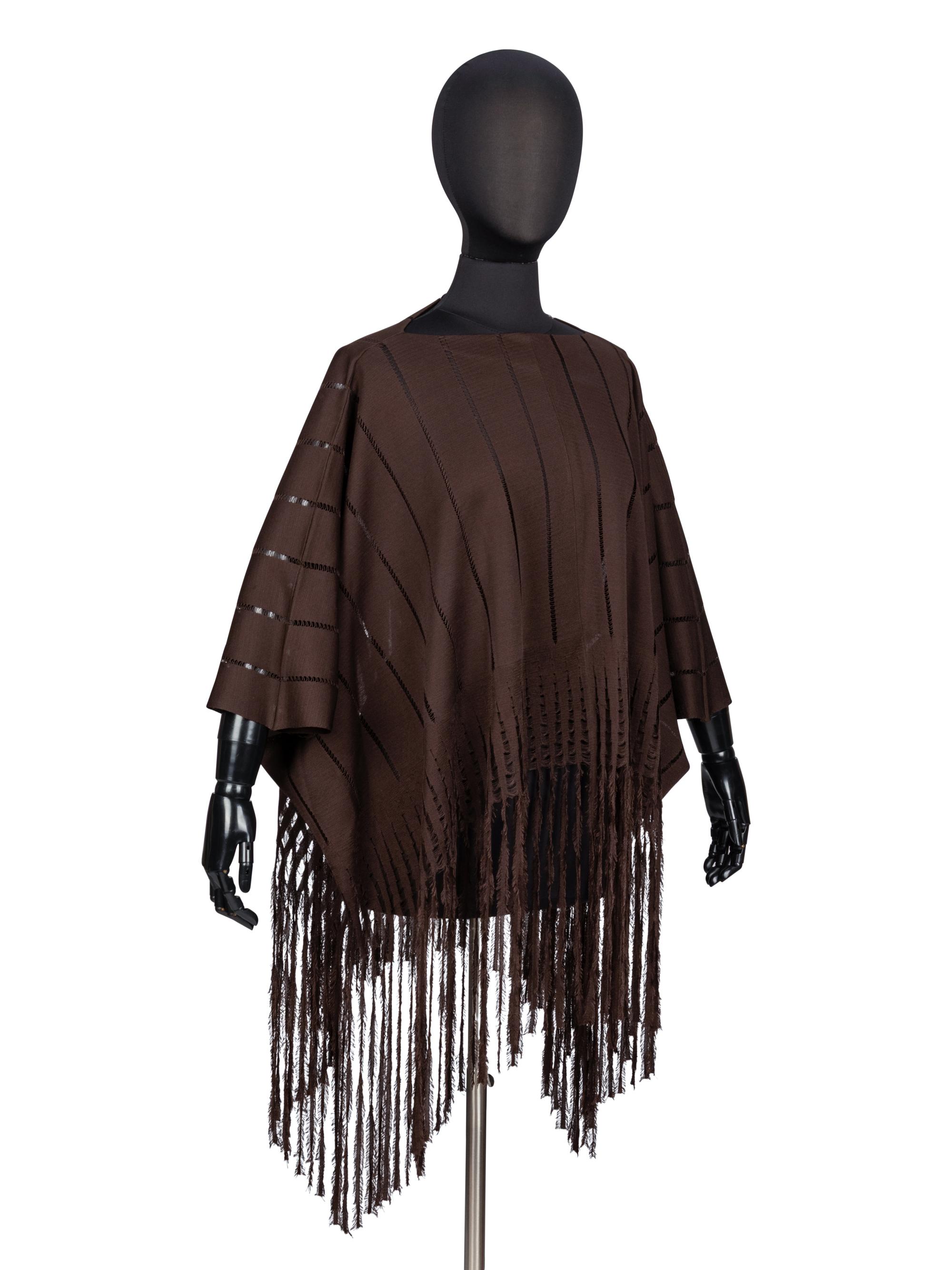 Yves Saint Laurent, Brown Fringed Silk Poncho