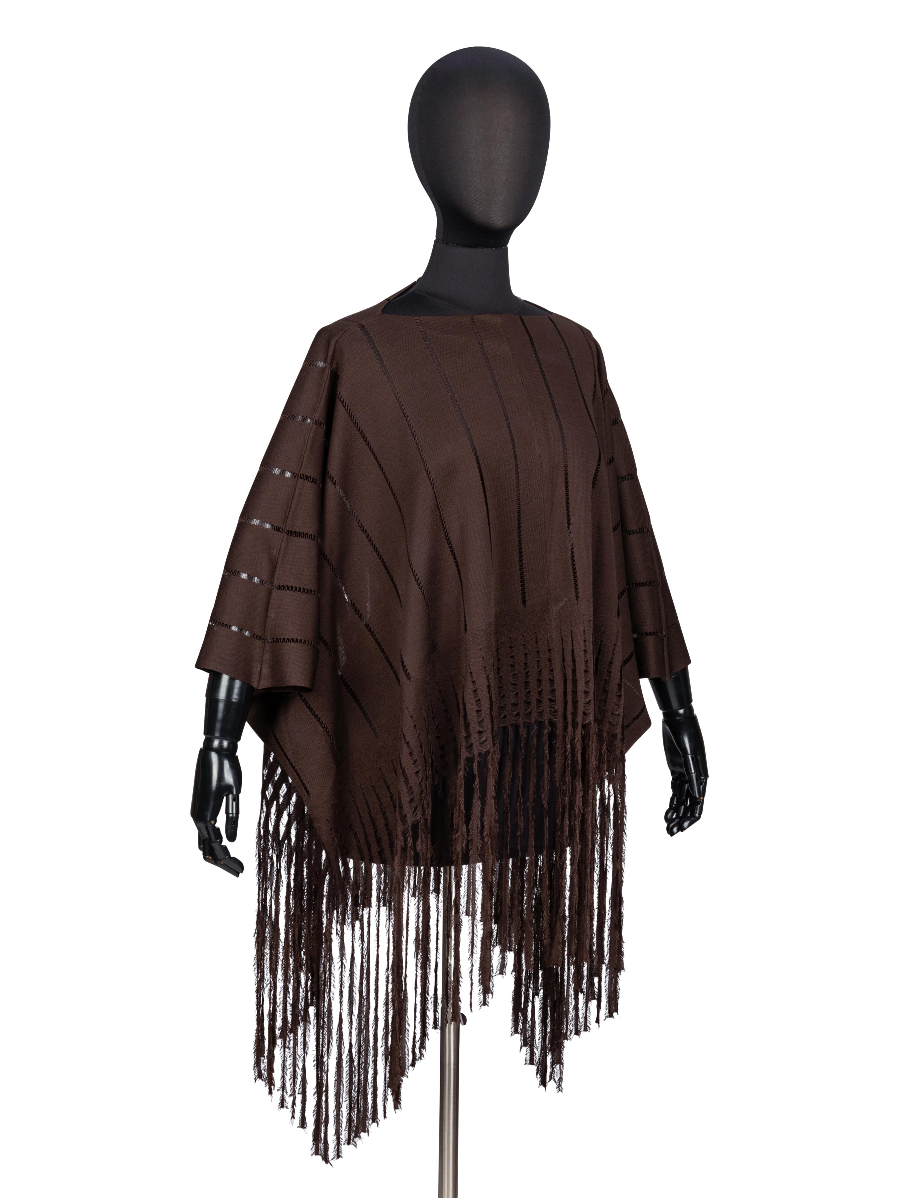 Yves Saint Laurent, Brown Fringed Silk Poncho