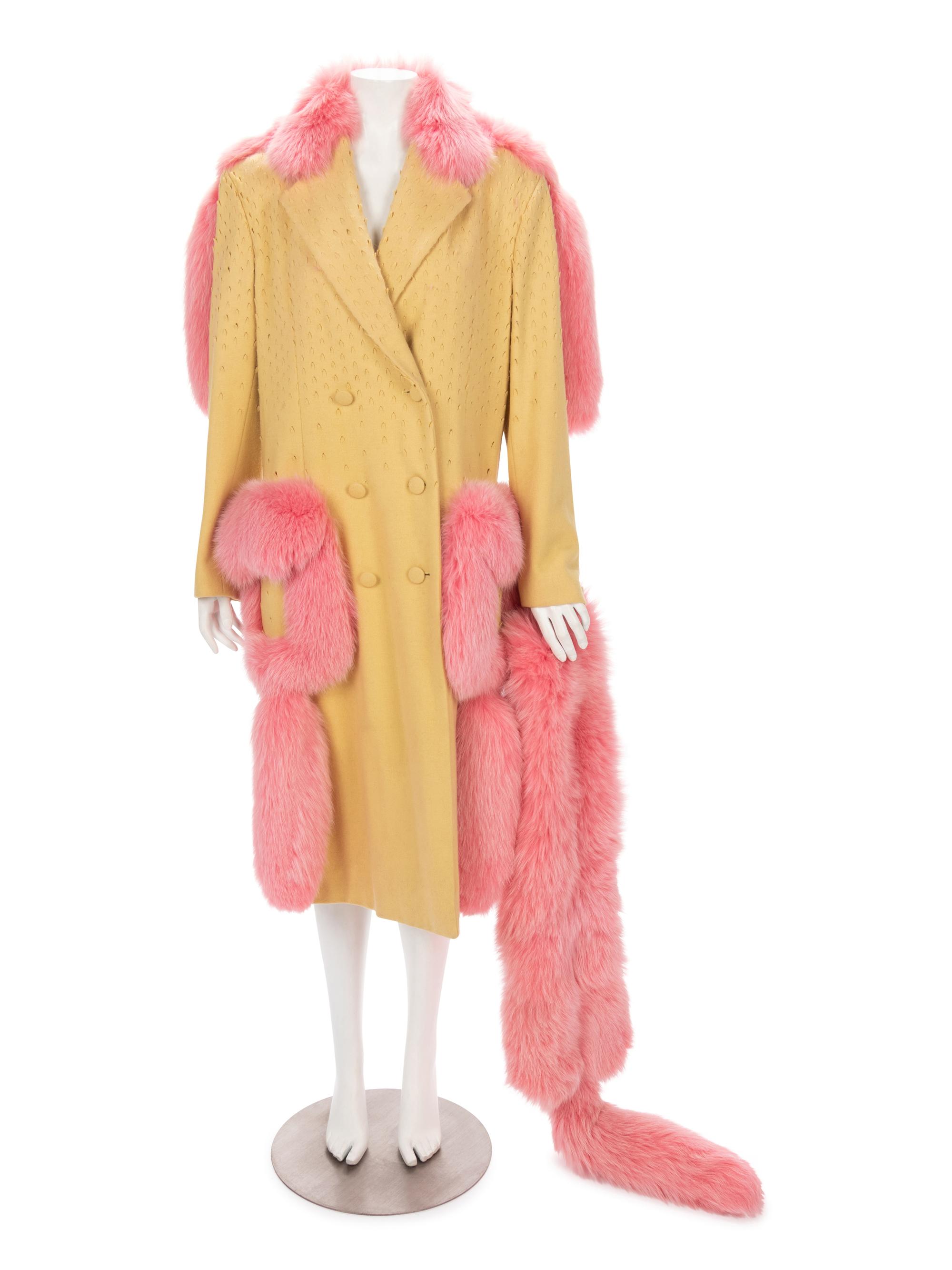 John Galliano Yellow Wool Coat Trimmed with Pink Fox and Matching Shawl, Fall 1997