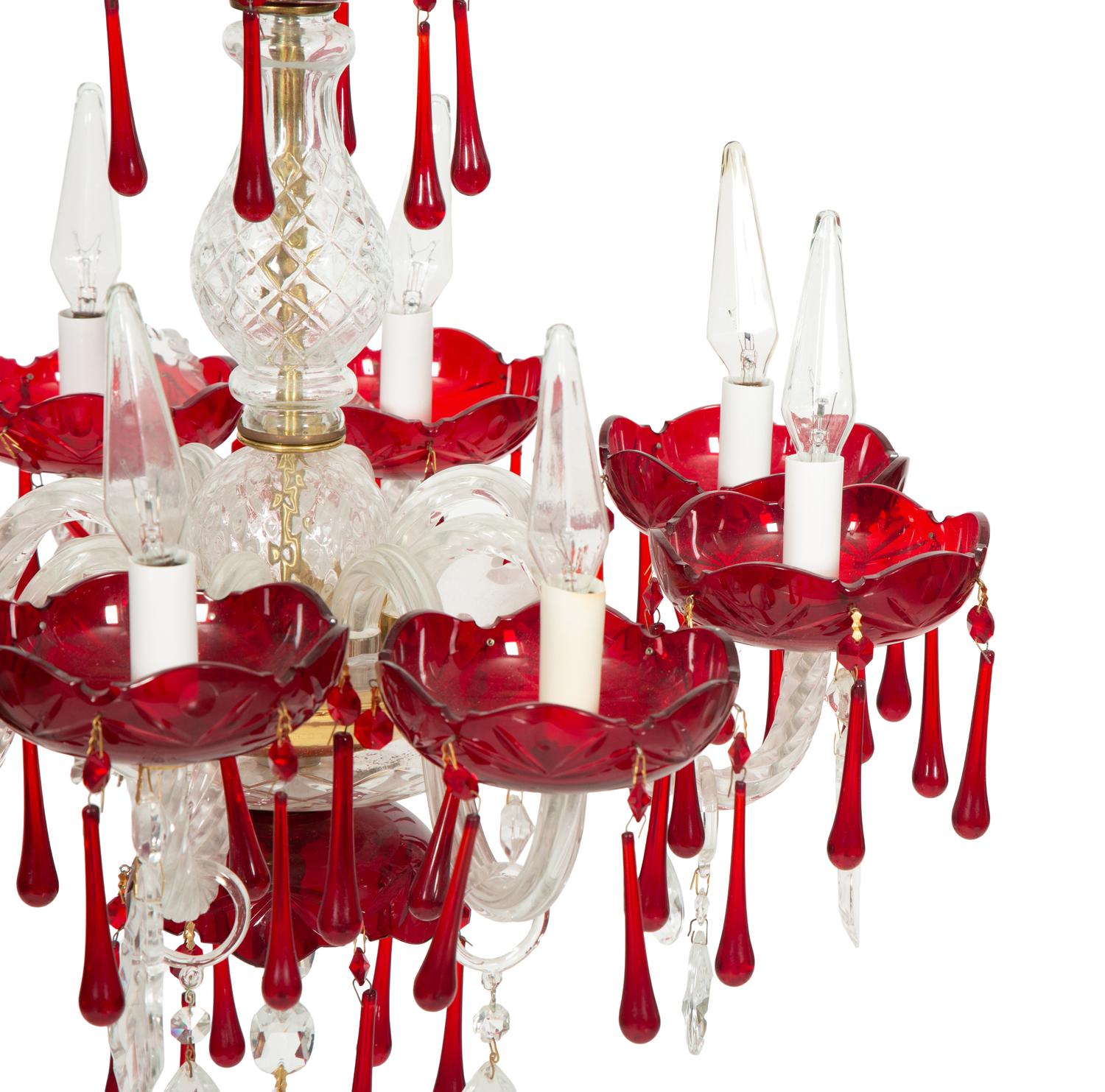 A Cased Glass Eight-Light Chandelier with Red Accents