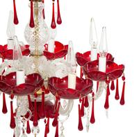 A Cased Glass Eight-Light Chandelier with Red Accents