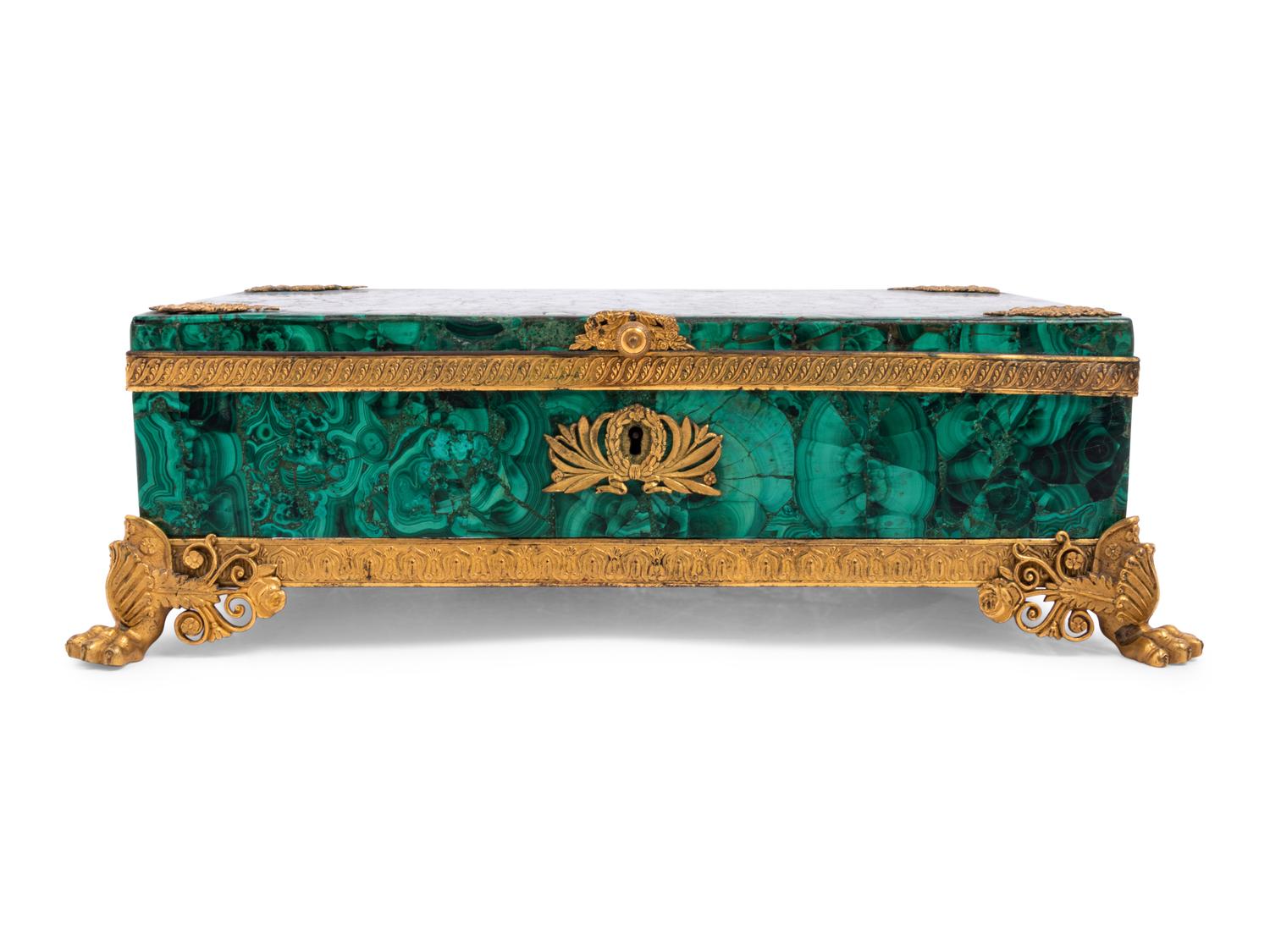 An Empire Style Gilt Bronze Mounted Malachite Veneered Table Casket
